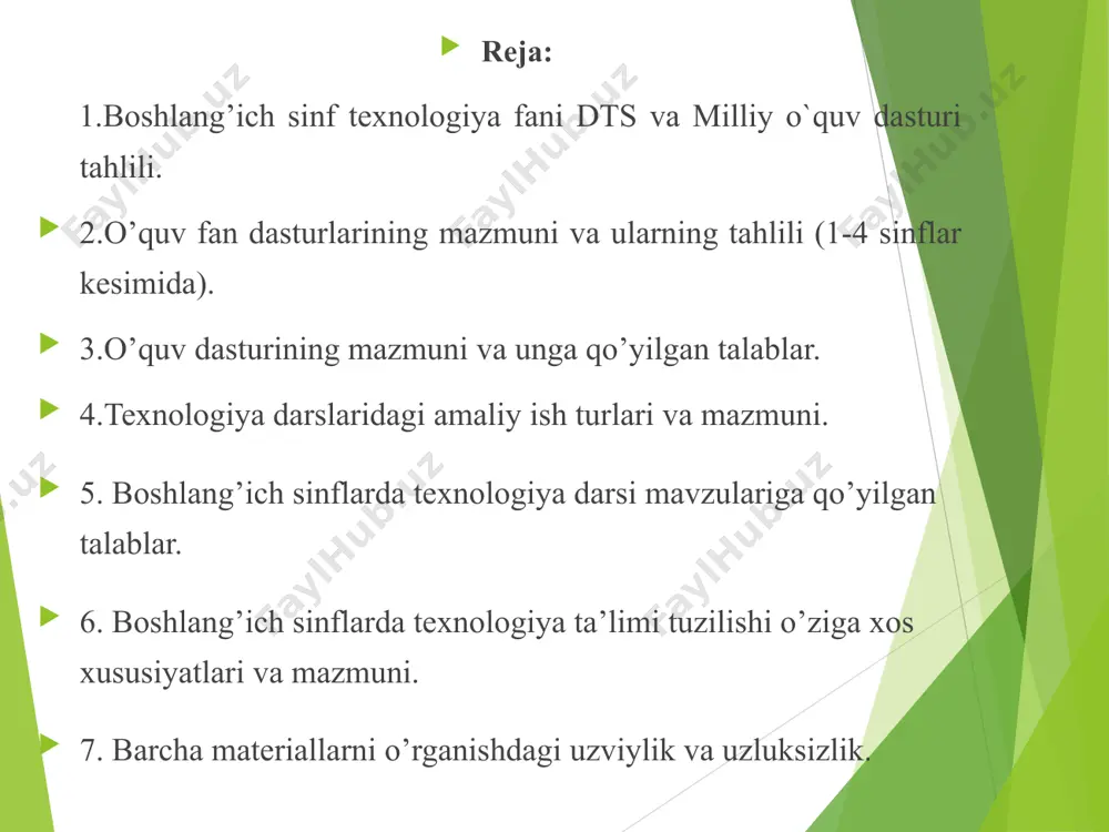ibori qaratildi. maktabda politexnik ta`lim va texnologiya tarbiyasini rivojlantirishni zarurligi ko’rsatildi. 1954 yilda texnologiya ta`limini o’rta maktab o’quv rejasiga o’sib kelayotgan yosh avlodni kamol toptirish vositalaridan biri sifatida kiritildi. o’rta osiyoda yoshlarga texnologiya ta`limi berishning yo’lga qo’yilishi. sharq mutafakkirlarining pedagogik g’oyalar uzoq o’tmishga borib taqaladi. o’rta osiyodan o’tgan qadimiy buyuk ipak yo’li xitoy, vizantiya, hindiston shaharlari bilan bog’lanib, madaniyat va sanoatni rivojlantirishga, ilmga bo’lgan qiziqishga alohida e`tibor berishni taqozo etadi. texnologiya ta’limi o‘qituvchisi o‘zining kundalik faoliyatida bu dasturga amal qiladi va uning bajarilishi majburiy hisoblanadi. shu bilan bir qatorda o‘qituvchi o‘quv dasturiga mahalliy sharoitni hisobga olib ma’lum o‘zgarishlar kiritishi mumkin. bu borada bir qancha talablar hisobga olinishi lozim. dasturning mazmuni pedagogikaning didaktik printsiplarga to‘la-to‘kis javob berishi, ilmiy va mafkuraviy jihatdan puxta bo‘lishi, murakkabligi ortib borishi hisobga olingan holda va texnologiya ta’limining tanlangan didaktik tizimiga muvofiq ravishda, muayyan izchillikda bayon qilinishi, turmush tajribasi bilan bog‘langan bo‘lishi kerak. mehnat malaka va ko‘nikmalari …