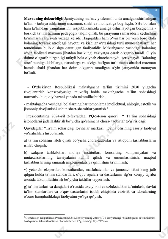 maktabgacha yoshdagi bolalarning bilish jarayonlarini shakllantirishda milliy o‘yinlar muhim rol o‘ynaydi. ular bolalarning tafakkurini, xotirasini va diqqatini rivojlantirib, milliy qadriyatlarga hurmatni shakllantiradi. shuningdek, o‘yinlar orqali nutq, ijtimoiy ko‘nikmalar va ijodiy fikrlash rivojlanadi. milliy o‘yinlarning tabiiy o‘rganish muhiti yaratishi ularning bilish faoliyatini yanada samarali qiladi. shu bois bu mavzu nazariy va amaliy jihatdan dolzarb hisoblanadi. kurs ishining maqsadi: maktabgacha yoshdagi bolalarning bilish jarayonlarini shakllantirishda milliy o’yinlarning ahamiyati o’rganish kurs ishining ob’ekti: maktabgacha yoshdagi bolalarning bilish jarayonlari rivojlanish jarayoni. kurs ishining predmeti: maktabgacha yoshdagi bolalarning bilish jarayonlarini shakllantirish jarayonida milliy o‘yinlardan foydalanish tamoyillari, usullari va ularning ta’lim-tarbiyaviy ahamiyatini o‘rganish. kurs ishining vazifalari: 1. bilish jarayonlarini muomosini psixologik olimlar tomonidan tahlili. 2. maktabgacha yoshdagi bolalarning bilish jarayonlarini shakllanishi. 3. maktabgacha yoshdagi bolalarning bilish jarayonlarini psixodiagnostik o’rganish 4. maktabgacha yoshdagi bolalarning bilish jarayonlarini shakllantirishda milliy o’yinlarning ahamiyatini rivojlantirish bo’yicha olib borilgan psixokorreksion ishlar tahlili. kurs ishining metodlari · nazariy tahlil – milliy o‘yinlarning bilish …