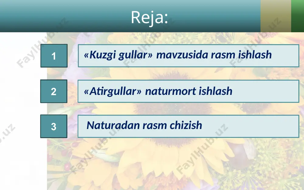 anglar berish mumkin. bir rang ikkinchi rangga aylanayotgan joyda, hali ular to‘liq qurimasdan ustiga boshqa rang qo‘yish kerak. bo‘yashda rang tuslari, yorug‘ joy, soyalar, refleks va fonga e’tibor qaratish kerak. image2.jpg image3.jpeg image4.jpeg image5.jpeg image6.jpeg image7.jpeg image8.jpeg image9.jpeg image10.jpeg image11.jpeg image12.jpeg image13.png image14.jpeg image15.jpeg image16.jpeg image17.jpeg image18.jpeg image19.jpeg image20.jpeg image21.jpeg image22.jpeg image23.jpeg image24.jpeg image25.jpeg image26.jpeg image1.jpg