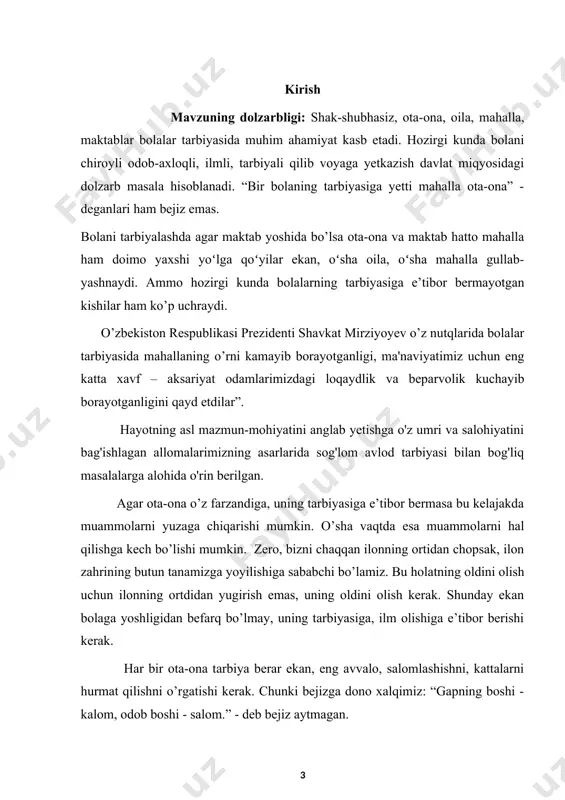 ta’siri va nizolarni hal qilish usullari. kurs ishi predmeti: bola shaxsidagi nizolarning maktab ta’limiga moslashishga ta’siri. kurs ishi tuzilishi: bajarilgan kurs ishi kirish qismi, ikkita bobdan,to’rtta paragraf va qilingan xulosalardan iborat. ishda o’rganilishi e’tiborga olingan ma’lumotlar tushunarli ravishda ifodalash uchun chizma jadvallar va rasmlar berildi.ishga qo’yilgan maqsadga erishishi uchun to’plangan adabiyotlar manbalarning nomlari va elektron manzillari keltirildi. i bob.oilaviy nizolarning bola psixo-fiziologik rivojlanishidagi salbiy oqibatlari 1.1. nizolarning kelib chiqishi. oiladagi ota-ona va bola nizolari. sinxron faoliyatida oila o'rnatilgan aloqalar tufayli qandaydir muvozanatda bo'lgan tizimdir. biroq, bu muvozanatning o'zi harakatchan, tirik, o'zgaruvchan va yangilanadi. ijtimoiy vaziyatning o'zgarishi, oila yoki uning a'zolaridan birining rivojlanishi oila ichidagi munosabatlarning butun tizimini o'zgartirishga olib keladi va munosabatlarni o'rnatish uchun yangi imkoniyatlarning paydo bo'lishi uchun sharoit yaratadi, ba'zan diametrik ravishda qarama-qarshi bo'ladi. birgalikda muvaffaqiyatli hayot uning har bir ishtirokchisidan alohida qobiliyatlarni talab qiladi. oiladagi har qanday o'zaro munosabatlar minimal umumiy fikrlarni, minimal rozilikni talab qiladi. nikohda, …
