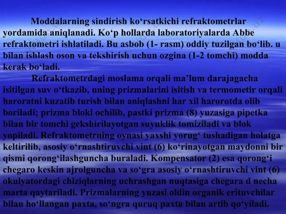 ha bering. 9. fotokolorimetrik tahlil usulining mohiyati nimalardan iborat u qaysi sohalarda ishlatiladi? 10. ultrabinafsha spektroskopiya haqida tushuncha bering. e’tiboringiz uchun rahmat!