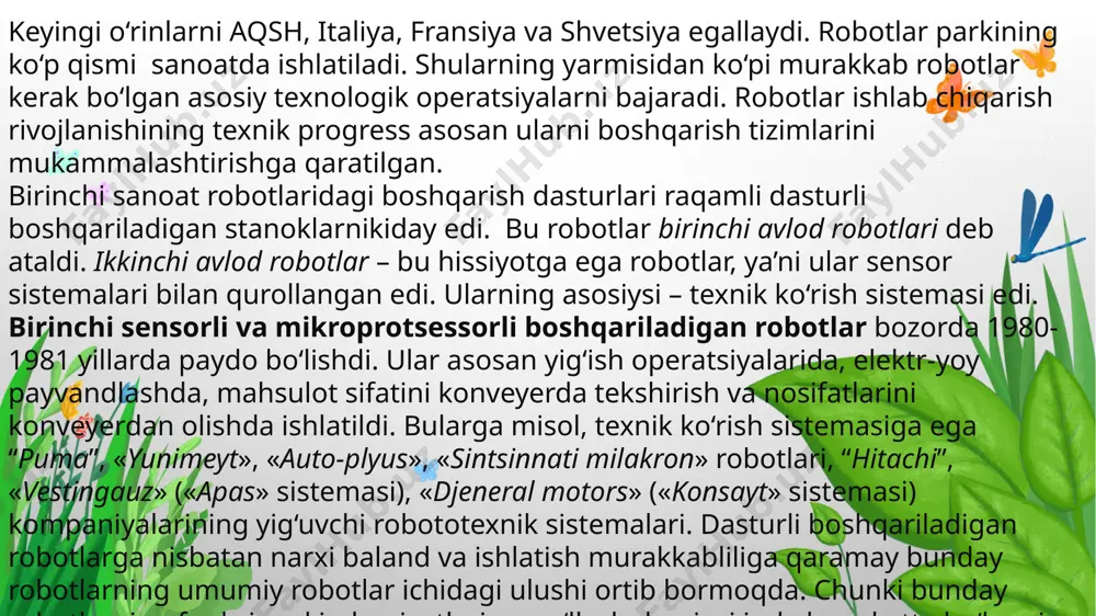 rlarga bo‘linadi: sanoat; qurilish; qishloq xo‘jalik; transport; maishiy (turmushda ishlatiladigan); jangovor (harbiy). sanoat robotlari asosan qo‘l mehnatini va transport operatsiyalarni avtomatizatsiyalash uchun har xil sanoat sohalarida qo‘llaniladi. asosan ular mashinasozlik va asbobsozlikda, tog‘-kon sanoatida, avtomobilsozlikda, neft va kimyo sohasida, metallurgiya, atom sanoati va h.k. larda ishlatiladi. masalan, avtomobilsozlikda robototexnik komplekslar elektrokonaktli payvandlashda keng qo‘llaniladi. qurilish robotlari qurilishdagi keng ko‘lamdagi qo‘l mehnatini va og‘ir ishlarni avtomatlashtirishda ishlatiladi. qurilishni robotlashtirish hozirgi paytda juda dolzarb masala hisoblanadi. robot demontaj ishini bajaryapti. robot brokk 400. odamsimon robot yasashni maqsad qilgan ba’zi startaplar robotlarini yurishidan oldin ularning barmoqlari epchil ishlashiga e’tibor qaratyapti. kanadada joylashgan sanctuary startapi tegishli bo‘lgan british kolumbiya kompaniyasi rahbari jordi rouzning aytishicha, insonga o‘xshash robotlarda eng asosiy muammo ularning yura olishi emas, balki ularning dunyoni tushuna olishi va qo‘l bilan boshqarishdadir. bu startapning phoenix roboti javonlarni tartiblashi, yetkazib berish xizmati mashinalaridagi yuklarni tushirishi va kassani ham boshqara olishi mumkin. rouzning aytishicha, keyingi …