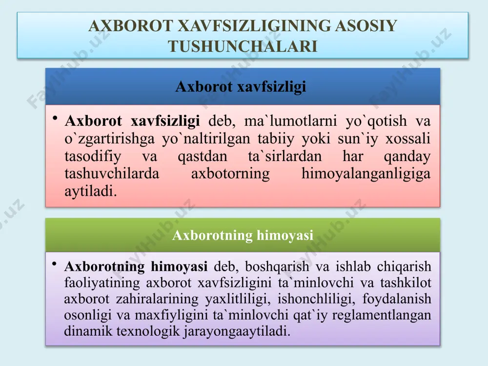 bu tekshirish foydalanuvchi (jarayon yoki qurilma) haqiqatdan aynan o’zi ekanligiga ishonch hosil qilishiga imkon beradi. odatda foydalanuvchi tizimga o’z xususidagi noyob, boshqalarga ma’lum bo’lmagan axborotni (masalan, parol yoki sertifikat) kiritishi orqali identifikasiyani tasdiqlaydi. avtorizasiya (authorization) – sub’yektga tizimda ma’lum vakolat va resurslarni berish muolajasi, yani avtorizasiya subyekt harakati doirasini va u foydalanadigan resurslarni belgilaydi.agar tizim avtorizasiyalangan shaxsdan ishonchli ajrata olmasa bu tizimda axborotning konfidensialligi va yaxlitligi buzulishi mumkin. foydalanuvchilarni biometrik autentifikatsiyalash foydalanuvchini autentifikatsiyalashda faol ishlatiladigan biometrik algoritmlar quyidagilar: barmoq izlari; qo’l panjasining geometrik shakli; yuzning shakli va o’lchamlari; ovoz xususiyatlari; ko’z yoyi va to’r pardasining naqshi. protsedurali dasturiy-apparat axborot-kommunikasiya tizimlari xavfsizligini ta’minlashning kompleksligi qonuniy ma’muriy qonuniy – qonunlar, normativ, aktlar, standartlar; ma’muriy- tashkilot boshqarmasi qabul qilgan, umumiy xarakterdagi harakatlar ; muolajaviy (protseduraviy – personal tomonidan amalga oshiriladi); dasturiy-texnik (muayyan texnik choralari). axborot-kommunikasiya tizimlarini ta’minlashning huquqiy normalari aktning huquqiy ta’minoti xalqaro huquqiy me’yorlar milliy huquqiy me’yorlar bitimlar shartnomalar litsendiyalar patentlar mualliflik …