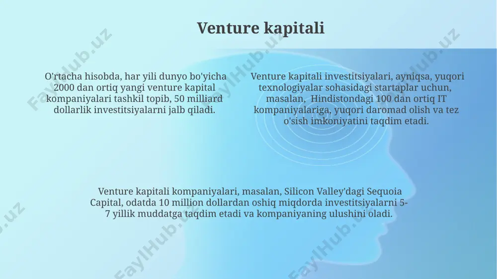 ekistonning infratuzilma loyihalarini moliyalashtirish uchun 5 yillik muddatga 100 million dollarlik obligatsiyalar chiqarishini qoʻllab-quvvatlaydi. toshkent fond birjasida roʻyxatdan oʻtgan yirik korxonalar, oʻz faoliyatini kengaytirish maqsadida, 2024-yil uchun 50 million aqsh dollaridan ortiq miqdordagi obligatsiyalar chiqarishni rejalashtirmoqda. 2023-yilda oʻzbekistonda davlat qimmatli qogʻozlari bozori 15 milliard aqsh dollaridan ortiq hajmdagi obligatsiyalar chiqarilishini amalga oshirdi, bu esa mamlakat iqtisodiyotini rivojlantirishga sezilarli hissa qoʻshdi. investitsiyalar 2022-yilda o'zbekistondagi to'g'ridan-to'g'ri xorijiy investitsiyalar hajmi 3 milliard aqsh dollaridan oshdi, bu mamlakat iqtisodiyotining diversifikatsiyalashuviga sezilarli hissa qo'shdi. xalqaro moliya institutlari, masalan, jahon banki, o'zbekistonga 2024-yil uchun 1 milliard aqsh dollaridan ortiq miqdorda kreditlar va grantlar shaklida investitsiyalar taqdim etishni rejalashtirmoqda. investitsiyalarni jalb qilish bo'yicha davlat dasturlari natijasida 2023-yilning birinchi choragida samarqand viloyatiga 500 million so'mlik investitsiyalar jalb qilindi, bu asosan infratuzilma loyihalariga yo'naltirildi. e'tiboringiz uchun rahmat @taqdimot_robot image1.png