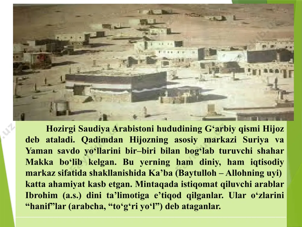 mbar muhammad (s.a.v) ularning hoshimiylar xonadonidan ekanligi, makkada hukmron bo‘lgan badavlat zodagonlar-ummaviylar xonadoniga mansubligi, bu ikki xonadon o‘rtasida birmuncha vaqtlardan buyon siyosiy va iqtisodiy raqobat hukm surganligi tarixiy manbalardan yaxshi ma’lum. bunday sharoitda payg‘ambar muhammad (s.a.v.) hoshimiylar xonadonining ilgari obro‘sini tiklash uchun harakat qilgan. makka zodagonlari manfaatiga zid targ‘ibot olib borgan payg‘ambar muhammad (s.a.v.)ni ta’qib etish kuchaygan. ayniqsa, o‘zi majusiy bo‘lsa-da, unga homiylik qilgan amakisi abu tolibning vafotidan keyin muhammad payg‘ambarning hayoti xavf ostida qolgan. u o‘ziga sodiq barcha kishilar bilan hijazning shimolida joylashgan, uning davrida «madina» ya’ni shahar deb qayta nomlangan yasrib shahriga ko‘chib ketishga majbur bo‘lgan. qur’on oyatlarining mazmuniga qaraganda, bu ko‘chish ancha vaqt davom etgan. 16 payg‘ambar muhammad (s.a.v.) boshchiligidagi madina shahri arablari makkaliklarni ham islomga bo‘ysundirish, bu ikki shahar o‘rtasidagi kelishmovchilikka chek qo‘yishni asosiy maqsadlaridan biri qilib qo‘ygan edilar. shu munosabat bilan 624 yilda badr quduqlari oldida, 625 yilda uxud tog‘i etagida janglar bo‘lgan. 629 yil …