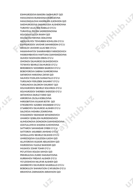 odirbek baxrom o‘g‘li boboyorova sabina suhrobovna safarova marjona zafar qizi salimov foziljon sunnatillo o‘g‘li tursunov feruzbek shuhrat o‘g‘li tursunova dilorom shuxrat qizi xolmurodov behruz xolmirza o‘g‘li xolmurodov sherbek sherzod o‘g‘li aktamova dilruz farid qizi asrorova zilola kobilovna mirsobitova xulkar botir qizi o‘rozboyev azizbek shoakbar o‘g‘li o‘sarboyev dilmurod alisher o‘g‘li saloyeva mohira zoxirovna syasadinov iskandar sefadinovich umarov qobiljon nuriddinovich alimdjonova donoxon djamshedovna izzatullayeva shaxina ilhomovna sattarov samandar oybek o`g`li sattorov jasurbek jamshid o‘g‘li saydullayev behruz dilshod o‘g‘li umirzoqova gulizoda ilxom qizi allayorova xulkar abulkosim qizi murodova yulduz baxodir qizi musayev zohir tohir o‘g‘li po‘latova xolida xamza qizi primkulova zuxro shavkatovna xurramov firdavs alisher o‘g‘li yo‘ldoshova nilufar alisher qizi anorboyev dilmurod shukrullo o‘g‘li bobokulov shavkatjon g‘afurjon o‘g‘li ikramova zarinaxon akramjon qizi mustafoqulov kamronbek utkir o‘g‘li musurmonov o‘lmasbek sobirovich nomozov bekzodjon nizom o‘g‘li norbekova shahnoza rustam qizi sharofov behruz zarif o‘g‘li sharofova azizabonu jasur qizi aslamova jasmina azamovna azizova mexrangiz dilshodovna botirov komronbek …