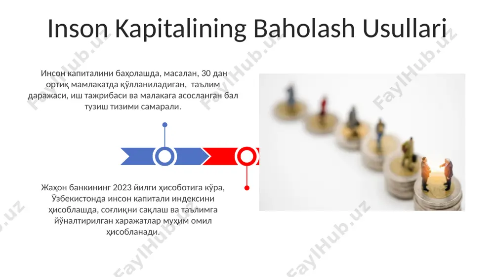 rognoz qilinmoqda. inson kapitalining kelajagi jahon miqyosida 2030-yilga borib 500 million yangi ish o‘rinlarini talab qilishi, shundan 200 millioni aqsh va yevropa davlatlarida bo‘lishi kutilmoqda. inson kapitalini boshqarish samarqanddagi texnologiya parkida o'tkazilgan tadqiqotlar shuni ko'rsatdiki, inson kapitalini samarali boshqarish korxonalarning rentabellik ko'rsatkichlarini o'rtacha 15-20% ga oshirishi mumkin. inson kapitalini boshqarishda, 2023-yilgi ma'lumotlarga ko'ra, o'zbekistondagi yirik korxonalarning 70% dan ortig'i xodimlarni o'qitishga yillik byudjetining 5% dan kamini sarflaydi, bu esa ish samaradorligini pasaytiradi. inson kapitaliga investitsiyalar 2022 йилда ўзбекистоннинг инсон капиталига инвестициялар ҳажми ялпи ички маҳсулотнинг 3% дан ортиғини ташкил этди, бу эса таълим ва соғлиқни сақлаш соҳаларига йўналтирилган маблағларнинг кўпайишини кўрсатади. тошкент шаҳридаги олий ўқув юртларига ажратилган бюджет маблағларининг 20% дан ортиғи инсон капиталига инвестиция сифатида баҳоланиб, таълим сифатини яхшилашга йўналтирилган. inson kapitali va texnologiyalar инсон капиталининг самарадорлигини ошириш учун 2024 йилдан бошлаб тошкент шаҳридаги it-паркларида 5000 дан ортиқ мутахассисга қўшимча малака ошириш курслари ўтказилади. жаҳон банкининг 2023 йилги ҳисоботига …