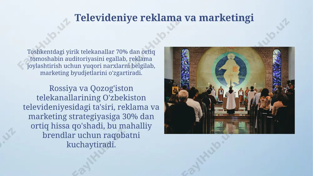 rivojlanishiga salbiy taʼsir qiladi, ijtimoiy moslashuv qobiliyatlariga taʼsir qilishi mumkin. televideniye, 2000-yillardan boshlab, oʻzbekistonning 12 million aholiga ega hududlarida, milliy madaniyat va siyosiy fikrlarni shakllantirishda muhim rol oʻynadi, bu esa ijtimoiy munosabatlarga sezilarli taʼsir koʻrsatdi. televideniye sanoatida raqobat 2022-yilda toshkentda o'tkazilgan tadqiqotlar shuni ko'rsatdiki, tomoshabinlarning 70% dan ortig'i o'zlarining sevimli ko'rsatuvlarini onlayn platformalar orqali tomosha qilmoqdalar, bu esa an'anaviy televideniye uchun jiddiy tahdid hisoblanadi. o'zbekistondagi televideniye bozorida 5 dan ortiq milliy kanallar faoliyat yuritmoqda, ular reklama va obuna to'lovlari orqali daromad oladi, bu esa reklama va kontent sifati bo'yicha keskin raqobatni keltirib chiqaradi. televideniye dasturlari formatlari oʻzbekistondagi milliy televideniye kanallari tomonidan ishlab chiqariladigan 1 soatlik hujjatli filmlar va telekoʻrsatuvlar, mamlakat tarixi, madaniyati va ijtimoiy masalalariga bagʻishlangan boʻlib, 2010-yillardan keyin raqamli platformalar orqali ham tarqatilmoqda. televideniye dasturlarining formatlari orasida 2000-yillardan buyon rivojlanib kelayotgan reality-shoular, masalan, “big brother”ning xalqaro versiyalari, dunyoning 50 dan ortiq mamlakatida, shu jumladan oʻzbekistonda ham katta mashhurlikka erishgan. …
