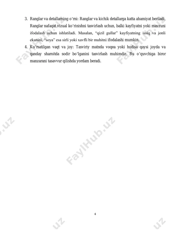 .2. tasviriy matn tuzilishi tasviriy matn tuzilishi aslida biron-bir voqea, holat yoki hodisani ta’riflash uchun qo’llaniladigan yozma format hisoblanadi. ushbu matn yuritishda so’zlar orqali mavjud bo’lgan narsa yoki hodisani vizual ko’rinishga ega etish kerak bo’ladi. tasviriy matnlar surat, manzara, shaxs yoki boshqa tajribalarni ijodiy tarzda tasvirlashga yordam beradi. tasviriy matn tuzilishida quyidagi asosiy unsurlar mavjud: 1. **kirish qismi**: yozuvchi kirishda asosiy g’oyani yoki tasvirlanayotgan mavzuni taqdim etishi kerak. bu qismda umumiy ma’lumot beriladi va mavzuni yoritishga kirishishdan oldin o’quvchini tayyorlaydi. masalan, biror joyning tasviriy matni bo’lsa, o’sha joyning geografik joylashuvi yoki tarixiy o’ziga xosliklari haqida qisqacha yoritish mumkin. 2. **asosiy qism**: matnning asosiy qismi eng ko’p tafsilotlar bilan boyitilgan bo’lib, u yerda mavzu kengroq ko’rib chiqiladi. bu joyda biror narsaning xususiyatlari, holati va boshqa muhim jihatlar batafsil oshkor etiladi. masalan, tabiat manzarasining tasvirlanishi bo’lsa, u yerda ranglar, shakllar va boshqa detallari yetarli darajada ifoda etilishi kerak. 3. **tugallovchi qism**: ushbu …