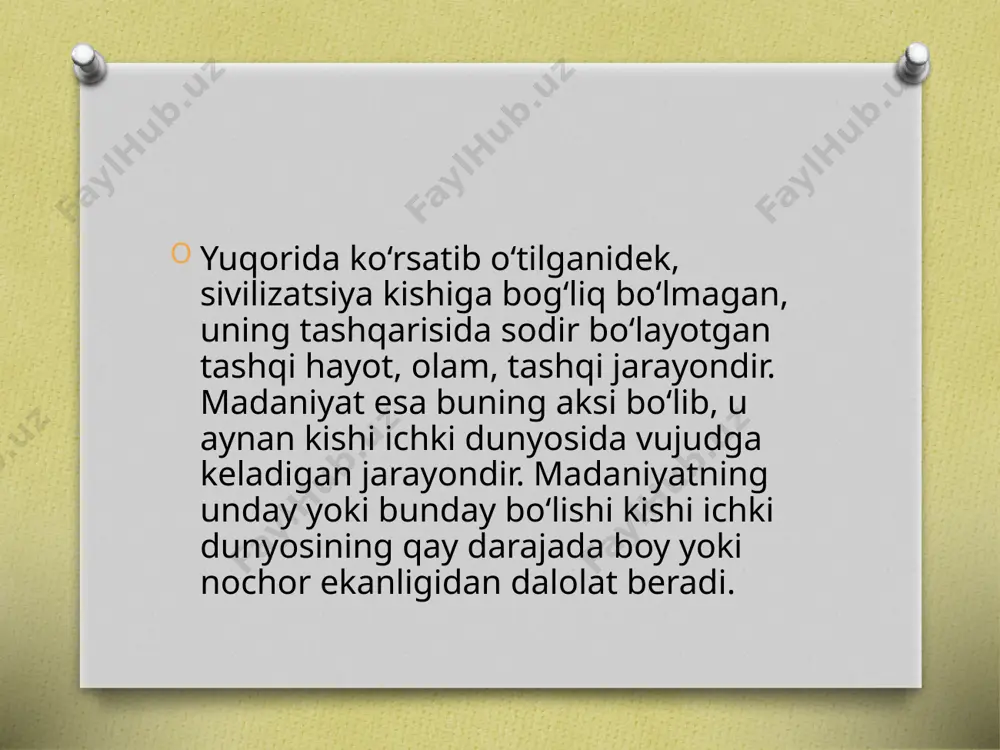 aniyatning vaqt-davr jihatidan aniq chegarasini topish oson ish emas. sababi, bir tarixiy-madaniy bosqich davri boshqa bir tarixiy-madaniy bosqich davriga mos tushmasligi, ikkinchi bosqichning rivojlanish davri ko‘proq yoki kamroq vaqtni o‘z ichiga olgan bo‘lishi mumkin. masalan, tarixiy manbalarda eramizning iv asrigacha bo‘lgan davr qadimgi dunyo, eramizning iv asridan keyingi davr o‘rta asr deb yuritiladi. tarixni, madaniy rivojlanishni, boringki, sivilizatsiyani bunday xronologik chegaralash janubiy va g‘arbiy yevropa hududi tarixi, madaniyatiga mos tushadi. boshqa ko‘pgina hududlar madaniy rivojlanish davrini, tarixini esa bu xronologiya qoniqtirmaydi. nega endi aynan eramizning iv asri chegara qilib olinishi lozim? nimaga eramizning iii yoki ii asri qadimgi dunyo bilan o‘rta asrlar o‘rtasida chegara vazifasini bajarmaydi? nima uchun boshqa hudud madaniyati yoki tarixi bu sana bilan hisoblashishi lozim? yunoniston ma’daniyatning rivojlanganligi hind sivilizatsiyasi janubiy osiyoda eng qadimgi bo’lgan hind sivilizatsiyasi hind daryosi vodiysida (hozir asosan pokiston hududi taxminan er. avv. xxii-xvi asrlar) paydo bo’lib, qadimgi sharq silizatsiyalaridan paydo bo’lishiga ko’ra …