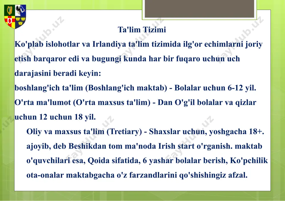 o'yxati bosib bog'liq, u bir talaba sotib olishni rejalashtirmoqda qaysi. tayyorlash axir o'quvchilar bir bitiruv guvohnoma olish uchun majburiy ko'rikdan o'tirib (yashash guvohnoma). ushbu hujjat tasdiqlaguvchi, nomzodning tayyorlash darajasi etarli ekanligiga, irish hujjatlarni taqdim etish, amerika yoki yevropa universitetlari. sertifikat bevosita oliyta'lim qabul qilish ehtimolini ta'sir, shu sababli, hisob oliy, kerakli kasb olish uchun ko'proq real. irlandiya kimdan kam emas, britaniya hamkasbi o'rta ta'lim, lekin xarajat jihatidan, u kambag'al uchun yanada arzonroq. "emerald ish" o'rtacha oila bolaovqatlanish bo'yicha sarflaydi, maktab formasini va darsliklar hech 4-5 ming funt, xususiy maktablarda ta'lim haqida mol bo'lishi mumkin esa 8-13 ming funt. imkoniyat, sifatli va amaliy yo'nalishi-bu asosiy tamoyillari, dunyoning eng yaxshi biri qildi irish ta'lim. oliy ta'lim tizimi uchinchi bosqich oliy ta'lim muassasalarida ta'lim o'quv edi, pedagogik institutlari yoki kollej. asosan, bu muassasalarning barcha davlat bo'lgan, emas, balki, shuning uchun uzoq vaqt oldin irlandiyada xususiy tadbirkorlikkollejlarni ochish boshladi, tezlik talabalar orasida mashhurlik bo'ldi. …