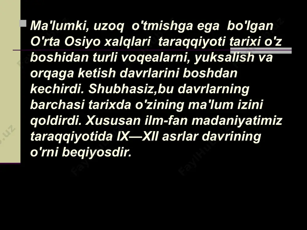 lab haqida risola», «musiqa risolasi» singari ajoyib asarlari olimga katta shuxrat keltirdi, uning nomini abadiylashtirdi. al-xorazmiyning «al-jabr val muqobala» asari keyinchalik yevropada «algebra» deb yuritila boshlandi. uning astronomiyaga oid asari esa faqat sharqda emas, balki g'arbda ham asronomiya fani rivojida katta rol o'ynadi. * abu abdulla muhammad ibn muso 780 yilda xivada tug‘ilgan. xorazmiy dunyoga mashhur matematik va astronom sifatida tanilgan. uning nomini tarixda qoldirgan buyuk asar «al jabr val-muqobala» risolasidir. olim 850 yilda bag‘dod shahrida vafot etgan. al-xorazmiy ma’mun akademiyasining ilk tashkilotchilaridan va eng faol a’zolaridan biri edi. 1983 yilda xalqimiz buyuk allomaning 1200 yillik to'yini katta tantana bilan nishonladi. * markaziy osiyoda avvalgi asrlarda, xususan ix-xiii asrlarda yaratilgnan ma`naviy-madaniy boyliklardan, xorazmiy, forobiy, ibn sino, beruniy, chag`miniylar merosidan; arab, fors va turkiy tillarda yaratilgan firdavsiy, nizomiy ganjaviy, rumiy, tusiy, attor kabi allomalar merosidan: musulmon sharqi ma`naviy merosida keng ahamiyat kasb etgan qadimgi yunon ilmiy-ma`naviy, boyliklaridan keng foydalanildi. * so`filiylikning …