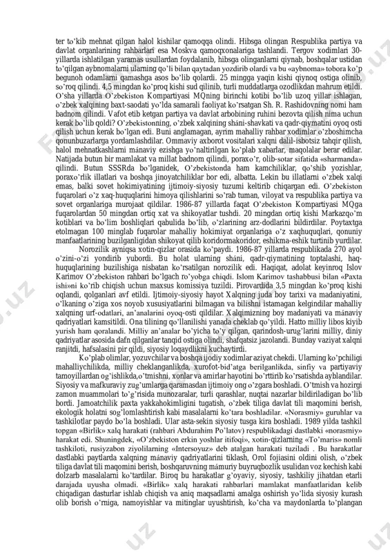 va vakillari -mogilnichenko, bessarabov, ponomaryov uya qurib olgan edi. o’sha yillarda tez-tez bo’lib turadigan plenumlar va yig’ilishlarda qilingan barcha máruzalarni ponomaryov va o’zbekistonda doimiy ishlash uchun yuborilgan «kadrlar desanti»ning boshliqlari- anishev, ogarek, satin va ularning hamtovoqlari tahrir qilardilar. o’zbekiston kompartiyasi mqning birinchi kotibi i.usmonxo’jaev esa minbarga chiqib tayyor narsalarni o’qir edi. minbardan bilib-bilmay aytilgan gaplar qanchadan-qancha kommunistlar va rahbarlarning sháni, qadr-qiymatini oyoq osti qilardi, hayotini buzardi. o’zkp markaziy qo’mitasida «pinxona kabinet» tashkil topdi. ushbu «kabinet» kuch ishlatish, tuhmatlar uyushtirish yo’li bilan xodimlarni badnom qilish, respublikaga mutlaqo aloqasi bo’lmagan avantyuristik qarorlarni tiqishtirish bilan shug’ullandi. o’zbekistonda faoliyat ko’rsatayotgan «pinxona kabinet» va «kadrlar desanti»ning tashkilotchisi kpss mqning kotibi e.k.ligachyov edi. qo’g’irchoqqa aylantirilgan mahalliy rahbarlar «kadrlar to’dasi» tomonidan tayyorlangan qarorlarga imzo chekishardi, xolos. ularning sovet hokimiyatining ko’zbo’yamachilik, «ulug’» millatchilik, shovinistik siyosati va uni amalga oshiruvchilar oldidagi ojizligi, itoatkorligi xalqqa qimmatga tushdi. «paxta ishi» o’zbekistonda «o’zbeklar ishi», «paxta ishi» deb atalgan jinoiy ishlar to’qib chiqarildi. …