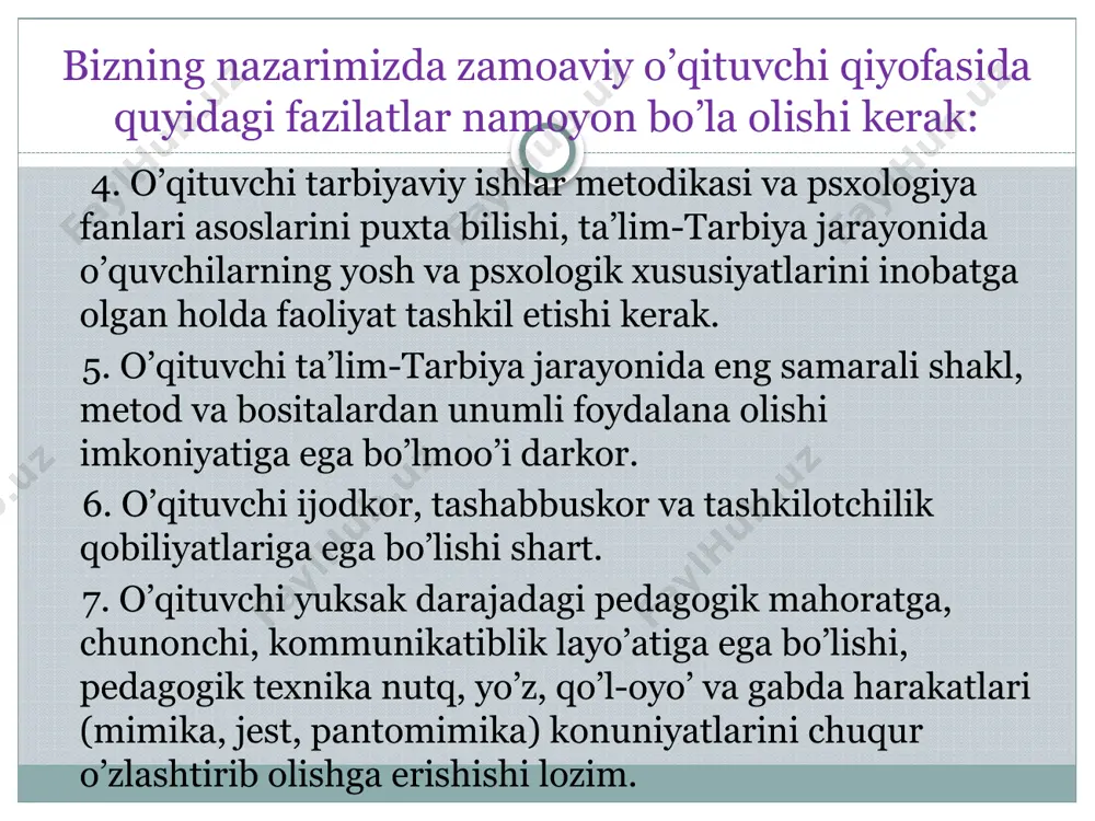 r. unda o’quvchilarda nutq madaniyatini tarbiyalash ularni mustaqil bilim olish ko`nikmalari bilan qurollantirish, bilim olishga o’rgatish, diqqatni, xotirani, irodani tarbiyalash, o’qitish jarayonida o’quvchilarni kasb tanlashga yo’llash, ularni o’quv vositalari orqali tarbiyalash orqali va hokazo masalalar o’z ifodasini topadi. guruh rahbarining o`quvchilarga ta`sir etish usullari: jamoatchilik radio televideniya kino teatr kitob jurnal musiqa va boshqalar