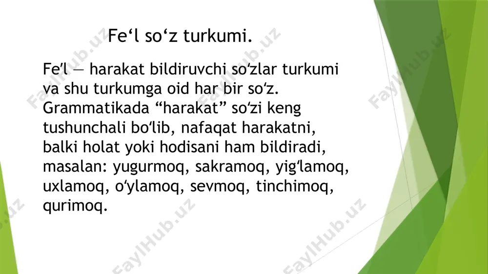 chi, bir umumiy maʼnosiga koʻra birlashuvchi shakllar tizimi feʼlning grammatik kategoriyalarini hosil qiladi. oʻzbek tilida feʼlning quyidagi grammatik kategoriyalari bor: nisbat kategoriyasi, boʻlishli-boʻlishsizlik kategoriyasi, mayl kategoriyasi, zamon kategoriyasi, shaxs-son kategoriyasi. oʻzbek tilida fe‘lni maʼlum bir vazifaga xoslovchi shakllar ham mavjud. bular: sifatdosh, ravishdosh, harakat nomi shakllaridir. bulardan tashqari feʼlning turli modal maʼno, takror maʼnosi va boshqa maʼnolarni bildiruvchi shakllari ham bor. ular maxsus qoʻshimchalar, koʻmakchi feʼllar yordamida hosil qilinadi: keta qol, ketib qoldi, keta koʻrmoq, turtkilamoq, qoʻrqinqiramoq, kulimsiramoq va boshqalar. feʼllar qanday grammatik shaklda qoʻllanilishiga qarab gapning turli boʻlagi vazifasida keladi. masalan: mayl, zamon, shaxs-son paradigmasiga mansub shakllardan birida qoʻllanganda — kesim vazifasida; sifatdosh, ravishdosh shakllarida — aniqlovchi, hol vazifasida; harakat nomi shaklida esa ot turkumiga oid soʻzlarga xos vazifalarda keladi. e’tiboringiz uchun tashakkur! /docprops/thumbnail.jpeg