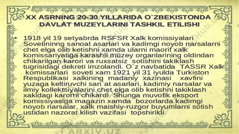 80 tasi fan nomzodi edi. 40- yillarning ikkinchi yarmida respublika olimlarining kuchlari asosan urushdan keyingi iqtisod, madaniyat, tibbiyot va boshqa sohalarni yuksaltirishga yо‘naltirilgandi. 1958-yili toshkent shahri yaqinida yadro reaktori qurildi, u yadro fizikasi taraqqiyotiga asos bо‘ldi. 60-70-yillarda о‘zbekiston tabiiy va ijtimoiy fanlar sohalarida ish olib borayotgan ilmiy muassasalarning faoliyati butunlay respublika oldida turgan muhim iqtisodiy va madaniy masalalarni yechishga yо‘naltirilgandi. paxtachilik, irrigatsiya, energetika, rangli metallurgiya va boshqa tarmoqlar yuksalishining kompleks tadqiqiga alohida e’tibor qaratildi. 1987-yili toshkent viloyatining parkent tumanida nodir “katta quyosh pegi” bizerkal optik-gelio-energetik tizim qurilishi tugallandi va ishlatishga topshirildi. о‘zbekiston respublikasi fanlar akademiyasi tashqi ishlar vazirligi va yunesko ishlari bо‘yicha о‘zbekiston respublikasi milliy komissiyasi bilan hamkorlikda 2006-yil 20-sentabrdan – 12-oktabrgacha yuneskoning shtab-kvartirasida (parij sh.) kо‘rgazma tashkil qilishdi va xorazm ma’mun akademiyasining 1000 yilligiga bag‘ishlangan ilmiy anjuman о‘tkazishdi. о‘zbekistondagi xorij davlatlarning qator elchixonalari о‘zbekiston respublikasi fanlar akademiyasi olimlari ishtirokida xorazm ma’mun akademiyasi faoliyatiga bag‘ishlangan tadbirlar о‘tkazishdi, shunday konferensiyani yana …