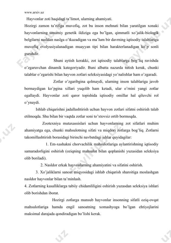 gi zotlarga mansub hayvonlar insonning sifatli oziq-ovqat mahsulotlariga hamda engil sanoatning xomashyoga bo’lgan ehtiyojlarini maksimal darajada qondiradigan bo’lishi kerak. zot hosil bo’lishi va zotlar evolyusiyasi faktorlari. zot hosil bo’lish jarayoni va zotlar evolyusiyasi ma’lum bir iqtisodiy va tabiiy-tarixiy sharoitga bog’liq bo’lib, bunda iqtisodiy omillar hal qiluvchi ahamiyatga ega. xonaki hayvonlarning zotlarini odamning ishlab chiqarish jarayoni bilan kishilik jamiyatining sosial shakli o’zgarishi bilan chambarchas bog’liq holda bo’ladi. xyiii-xix asrlar chegarasida feodal ishlab chiqarish o’rnini egallagan kapitalistik ishlab chiqarishning rivoji oqibatida angliyada yarim asr mobaynida 10 taga yaqin qoramol zoti, 10 xil cho’chqa zoti, 6 xil ot zoti, 30 dan ortiq qo’y zoti vujudga keltirilgan. chunki bu erda iqtisodiy munosabatlar sohasida yirik to’ntarish yuz bergan. almashlab ekishning joriy etilishi, naslchilik kitoblari yuritishlishi hayvonlarni ekstereri-konstitusiyasiga va naslning sifatiga qarab baholashning yangi usullarini ishlab chiqarishning yiriklashtirilishi va kapitalning konsentrasiyalanishi zot hosil bo’lish prosessiga yordam berdi. rossiyada xix asrning boshlarida mavjud bo’lgan tuzumjamoat chorvachiligining tez …