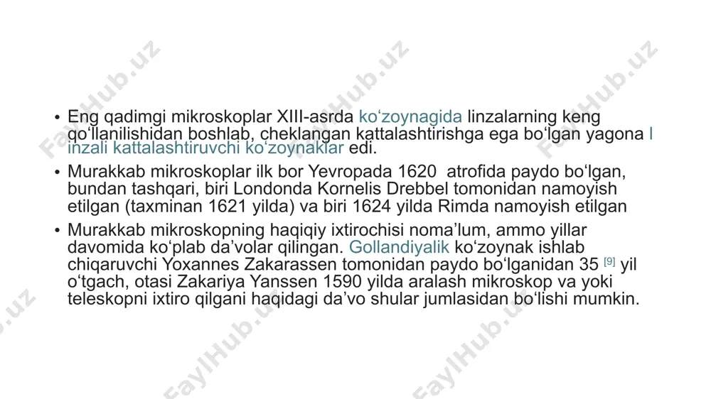 in. yuqori quvvatli mikroskoplarda ikkala koʻzoynak odatda bir xil tasvirni koʻrsatishi mumkin, ammo stereo mikroskop bilan 3 oʻlchovli effekt yaratish uchun biroz boshqacha tasvirlardan foydalaniladi. kameralar odatda tasvirni olish uchun ishlatiladi (mikrograf). namuna turli yoʻllar bilan yoqilishi mumkin. shaffof jismlarni pastdan, qattiq jismlarni esa obektiv linzalari orqali (yorqin maydon) yoki atrofidan (qorongʻu maydon) yorugʻlik bilan yoritish mumkin. fazali kontrastli tasvir turli xil sinishi indeksining kichik detallarini ajratib koʻrsatish orqali tasvir kontrastini oshirish uchun ishlatilishi mumkin. turli kattalashtirishga ega boʻlgan bir qator obektiv linzalar odatda tepaga oʻrnatilgan boʻlib, ularni joyiga aylantirish imkonini beradi va kattalashtirish imkoniyatini beradi. optik mikroskoplarning maksimal kattalashtirish kuchi odatda koʻrinadigan yorugʻlikning cheklangan oʻlchamlari tufayli 1000x atrofida cheklangan. koʻzga koʻrinadigan yorugʻlikdan foydalanmaydigan optik mikroskopga qoida skanerlash elektron mikroskopiya va transmissiya elektron mikroskopiya va skanerlash zond mikroskopiyasini oʻz ichiga oladi va buning natijasida ancha kattalashtirishga erishish mumkin boʻlgan vaziyatlarda . turlari optik mikroskoplarning ikkita asosiy turlari mavjud: oddiy mikroskoplar …