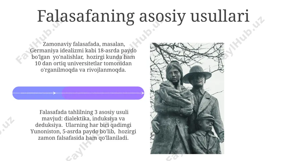 . falasafaning asosiy tarmoqlari falasafaning asosiy tarmoqlaridan biri, 5-asrda aflotun tomonidan asos solingan, ontologiya bo'lib, u mavjudotning tabiati va tuzilishi, shuningdek, mavjudlikning 10 ta kategoriyasini o'rganadi. epistemologiya, bilimlarning manbai va tabiati haqidagi ta'limot, 17-asrda ingliz faylasufi jon lokk tomonidan rivojlantirilgan va 3 ta asosiy bilimlar nazariyasini o'z ichiga oladi. deduktiv va induktiv mantiq induktiv mantiq esa, xususiy kuzatishlar va faktlar asosida umumiy qoidalarni shakllantirishga xizmat qiladi. masalan, 17-asrda frantsiyada o'tkazilgan bir qancha tajribalar yangi nazariyaning paydo bo'lishiga olib keldi. deduktiv va induktiv mantiq bir-birini toʻldiruvchi usullar boʻlib, fan va falsafada 500 yildan ortiq vaqt davomida turli tadqiqotlar va kashfiyotlarda muhim rol o'ynaydi. e'tiboringiz uchun rahmat @taqdimot_robot image4.jpg image5.jpg image6.jpg image7.jpg image8.jpg image9.jpg image10.jpg image11.jpg image12.jpg image13.jpg image14.jpg image15.jpg image16.jpg image17.jpg image18.jpg image19.jpg image20.jpg image1.jpeg image2.jpeg image3.jpeg