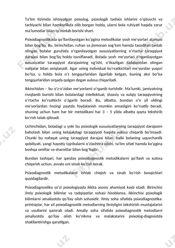 an bolalardagi intellektual, shaxsiy va xulqiy taraqqiyotning o‘rtacha ko‘rsatkichi o‘zgarib boradi. bu, albatta, bundan o‘n yil oldingi me'yorlardan hozirgi paytda foydalanish mumkin emasligini ko‘rsatib beradi, shuning uchun ham har bir metodikani har 3 – 5 yilda albatta qayta tekshirib ko‘rish talab qilinadi. uchinchidan, boladagi u yoki bu psixologik xususiyatlarning taraqqiyot darajasini baholash bilan uning kelajakdagi taraqqiyoti haqida xulosa chiqarib bo‘lmaydi. chunki bu nafaqat uning taraqqiyot darajasi bilan, balki bolaning uquvchanlik qobiliyati, yangi hayotiy tajribalarni o‘zlashtira olishi, ta'lim sifati hamda ko‘pgina boshqa omillar va sharoitlar bilan bog‘liqdir. bundan tashqari, har qanday psixodiagnostik metodikalarni qo‘llash va xulosa chiqarish uchun, avvalo uni sinab ko‘rish kerak. psixodiagnostik metodikalarni ishlab chiqish va sinab ko‘rish bosqichlari quyidagilardir. psixodiagnostika so‘zi psixologiyada ikkita asosiy ahamiyat kasb etadi. birinchisi ilmiy psixologik bilimlar va tadqiqotlar sohasi hisoblansa, ikkinchisi psixologik bilimlarni amaliyotda qo‘llay olish sohasidir. ilmiy soha sifatida psixodiagnostika: printsiplar, har xil psixodiagnostik metodlarning ilmiyligini tekshirish muolajalarini va usullarini qamrab oladi. …