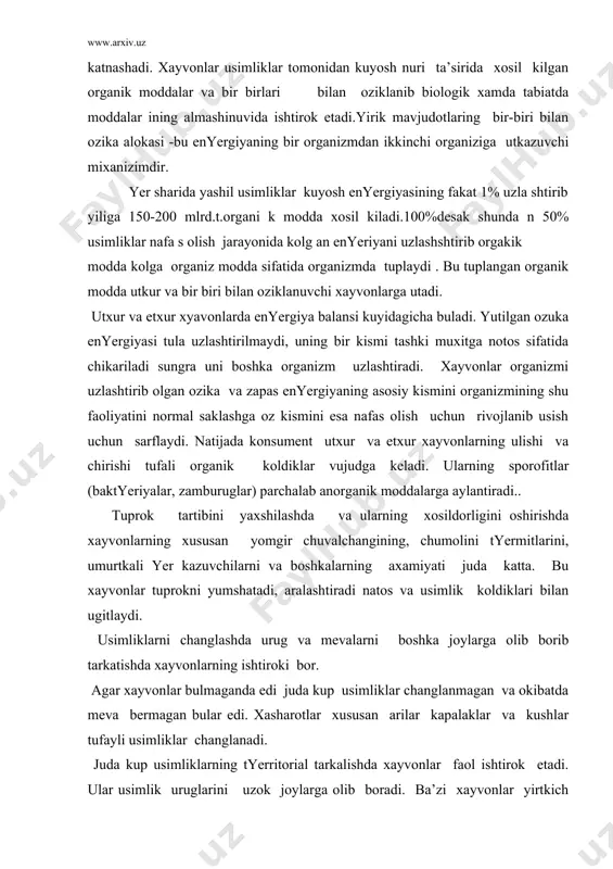 g va mevalarni boshka joylarga olib borib tarkatishda xayvonlarning ishtiroki bor. agar xayvonlar bulmaganda edi juda kup usimliklar changlanmagan va okibatda meva bermagan bular edi. xasharotlar xususan arilar kapalaklar va kushlar tufayli usimliklar changlanadi. juda kup usimliklarning tyerritorial tarkalishda xayvonlar faol ishtirok etadi. ular usimlik uruglarini uzok joylarga olib boradi. ba’zi xayvonlar yirtkich kushlar zararkunanda kemiruvchilarni kirib usimlik xosildorligini oshiradi yoki ba’zi foydali xasharotlar usimliklarni zararkunanda xasharotlardan va kasalliklardan saklaydi. masalan boykush bir yilda 1000 ta sichkonni yuk kilib 0,5 t donni saklab kolsa, chumolilar urmonlarni kasalliklardan saklaydi. litosfera yyerning kattik tosh kobigi bulib juda katta axamiyatga egadir. ma’lumki abiotik omillar uz navbatida xozirgi zamon forialarining biosferada tarkalishiga ularni uzaro munosabitlariga ya’ni muxitning bialogik omillariga ta’sir kursatadi biotik omillar bu bir organizimga ikkinchi organizimning ta’sir kursatishidir biotik omillar tur ichidagi uzaro munosabatlardan va turl turlarga mansub bulgan ayrim individlar orasidagi uzaro alokalardan tarkib topadi ma’lum turlararo munosabatlar formalari xilma xil …