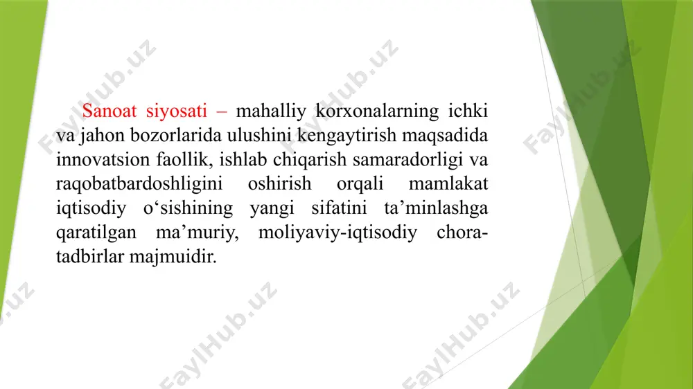 ari va infratuzilmasini yaratish, fan yutuqlarini amaliy rivojlantirishni ta’minlash sanoat siyosatining asosiy maqsadlarini quyidagicha shakllantirish mumkin: yangi bilim va yangi texnologiyalarga sarmoya kiritishni rag'batlantirishni shakllantirish yangi iqtisodiyotning intellektual (inson va tarkibiy) kapitalini to'plash, rivojlantirish va undan samarali foydalanish; investitsion oqimlarni intellektual kapitalga yo'naltirish ta'lim sohasini ustuvor rivojlantirish iqtisodiyotning an'anaviy tarmoqlari daromadlarining bir qismini ilmiy-texnikaviy taraqqiyot muammolarini hal qilish uchun qayta taqsimlash 9 davlatning sanoat ishlab chiqarishining raqobatbardoshligiga ta'siri bozor mexanizmlari samaradorligini oshirish bo'yicha davlat faoliyati ishlab chiqarishning tarmoq tuzilishiga davlatning ta'siri davlat sanoat siyosatining yo'nalishlari orasida biz asosiylarini ko'rib chiqamiz, xususan: davlatning investitsiya jarayonini rag'batlantirish imkoniyatlari 10 raqobatbardoshlik siyosati davlat tomonidan sanoat ishlab chiqarishining raqobatbardoshligini oshirish zarurati zamonaviy rivojlangan bozor iqtisodiyotining sanoat ishlab chiqarishining ortib borayotgan intellektuallashuvi, innovatsiyalar rolining kuchayishi va sanoat firmalarining transmilliylashuvi kabi tub farqlari bilan bog'liq. o‘bekiston respublikasi prezidentining 2024-yil 7-avgustdagi pq-286-son “sanoat sohasida nufuzli xalqaro brendlar bilan hamkorlikni rivojlantirish va milliy brendlarni qo‘llab-quvvatlash chora-tadbirlari to‘g‘risida”gi qaroriga …