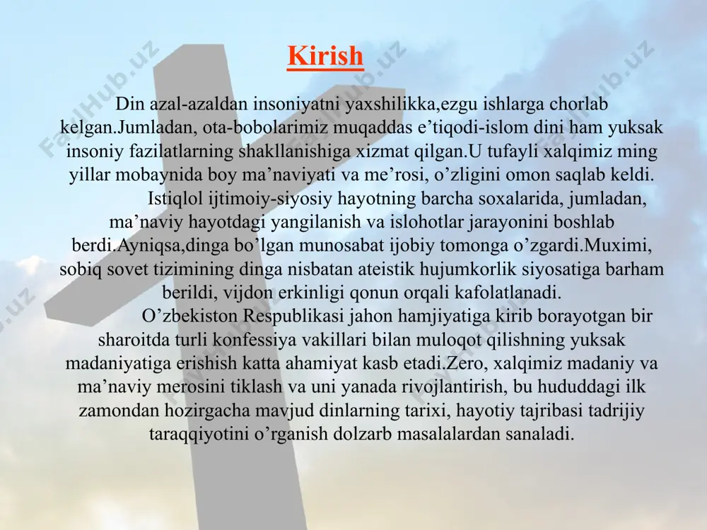 nondan ta’sirlanishiga qaramasdan, “din” terminini, qadim yunondan ham, yaxudiylikdan ham olmagan, balki bu so’z unga qadim rimdan kirib kelgan, lotinchada din termini uchun qattiq ehtirom, e’tibor, nazokat ko’rsatiluvchi, ta’zim qilinuvchi narsa ma’nosida “relogio” so’zi ishlatilgan. shuning bilan birga hozirda g’arb tillarida ishlatiluvchi “religion” so’zida ma’lum qilingan har ikki ma’noning ham mavjud ekanligi aytib o’tilgan. dinga berilgan turli xil ta’riflar “din – insonning muqaddas deb bilgan narsalariga nisbatan munosabatidir” rudolf otto “din-ruhiy borliqlarga nisbatan ishonch” edvard taylor “din-insonning abadiyatini anglashni ta’minlovchi, aql va mantiqqa tobe bo’lmagan zehniy bir malaka yoki iqtidodir” maks myukller “fansiz din kemtikdir,dinsiz fan esa ko’rdir” albert eynshteyn “din-doimo bir hayot egasi tangriga, ya’ni bir ilohiy shuur va irodaning koinotni boshqarishga va insoniyat bilan aloqador axloqiy munosabatlarni o’z tasarrufida ushlab turganiga ishonishdir” jeyms martino “din- eng buyuk ijtimoiy qadriyatlar shuuridir” edvard s. amis charlz darvinning diniy- ateistik qarashlari ch . darvinning - dinniy qarashlari. (volobuyeva t.i. tadqiqoti asosida) …