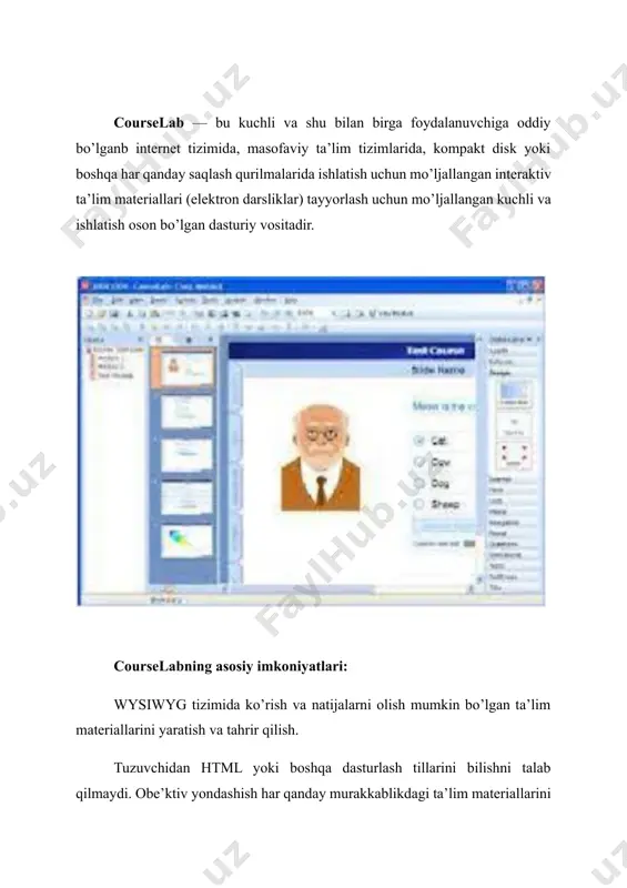 arxiyasining asosiy birligi bo‘lib, slaydlarning ketma-ketligidan iborat. ta‘lim tizimi davomida o‘quvchilar slayddan slaydga ketma-ket ravishda o‘tib boradilar. odatda slaydlarni o‘rganish muallif tomonidanbelgilangan ketma-ketlikda olib boriladi, lekin testlar natijalariga qarab slaydlar ketma-ketligi o‘zgarishi mumkin. 4-rasm. modullar oynasi ta‘lim moduli ham o‘qish uchun, ham olingan bilimlar nazorati uchun mo‘ljallangan bo‘lishi mumkin. o‘quv va nazorat materiallari odatda modulda birlashtiriladi: bunda o‘quv materiali yakunida o‘quvchi shu modulda testdan o‘tadi. xulosa bo’lim courselab yordamida yaratilgan o‘quv kurslari modular ularni tematik birlashtiradigan bo‘limlarga birlashtirilishi mumkin. masofaviy ta‘lim tizimida bo‘lim odatda o‘zida modul va boshqa bo‘limlarni birlashtiradigan papka sifatida ko‘rsatiladi. bo‘lim – masofaviy ta‘lim tizimida faqat tuzilishi birligi hisoblanadi – o‘zining holati haqida o‘quv modullaridan hech qanday ma‘lumot olmaydi va tizim bo‘limga unga kiruvchi modular holatiga qarab o‘zgartirishlar kiritiladi. metodistik nuqtai nazaridan bo‘lim tematik birlashtirilgan ma‘ruza va darslar ketma-ketligi sifatida sharhlanishi mumkin. image1.jpeg image2.jpeg image3.jpeg image4.jpeg