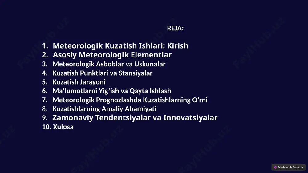 i va stansiyalar ma'lumotlarni yig'ish uchun tashkil etiladi. asosiy va maxsus stansiyalar mavjud. kuzatish maydonchasi muayyan talablarga javob berishi kerak. kuzatishlar kundalik va davriy ravishda o'tkaziladi. stansiyalarning joylashuvi va jihozlanishi kuzatishlarning aniqligini ta'minlaydi. 1 asosiy stansiyalar asosiy meteorologik elementlarni o'lchaydi. 2 maxsus stansiyalar muayyan maqsadlar uchun tashkil etiladi. 3 kuzatish vaqtlari kundalik va davriy kuzatishlar mavjud. 6 kuzatish jarayoni kuzatish jarayoni harorat, namlik, atmosfera bosimi va shamolni o'lchashni o'z ichiga oladi. harorat havoda va tuproqda o'lchanadi. namlik nisbiy va absolyut ko'rsatkichlarda aniqlanadi. atmosfera bosimini o'lchashda tuzatishlar kiritiladi. shamol yo'nalishi va tezligi qayd etiladi. kuzatish jarayonining aniqligi ma'lumotlarning ishonchliligini ta'minlaydi. haroratni o'lchash havoda va tuproqda haroratni aniqlash. namlikni aniqlash nisbiy va absolyut namlikni o'lchash. atmosfera bosimini o'lchash tuzatishlar kiritish zarur. shamolni o'lchash yo'nalish va tezlikni qayd etish. 7 ma'lumotlarni yig'ish va qayta ishlash kuzatish ma'lumotlari kuzatish jurnalida qayd etiladi. ma'lumotlar raqamlashtirilib, bazaga kiritiladi. statistik tahlil usullari qo'llaniladi, o'rtacha, maksimal va minimal …