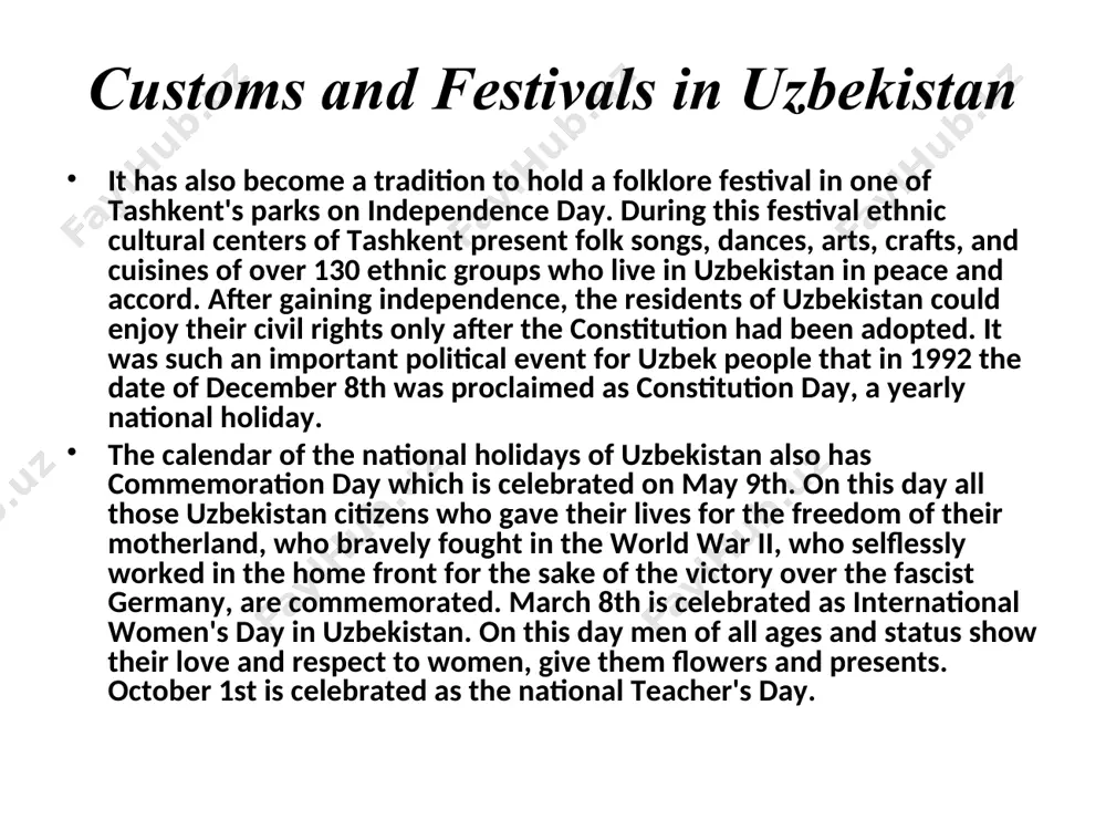 r navruz marks the beginning of the new year. navruz began to be celebrated in a very distant past and has always been a pagan, folk holiday, a holiday called for by nature itself - and it remains like this till now. in the independent uzbekistan navruz acquired a new connotation: it has become a national holiday. the people of all the ethnic groups living in uzbekistan celebrate this holiday with great enthusiasm. a few days before navruz, people usually arrange khashar (voluntary and joint public work), during which they clean and decorate their cities, towns and villages. by the time navruz begins all the preparations for the feast are completed. multi-dish and sumptuous meal is the acme of the holiday, which from the earliest times has been made with the hope that the year ahead will be productive and profitable. the main dish of the feast is undoubtedly the …
