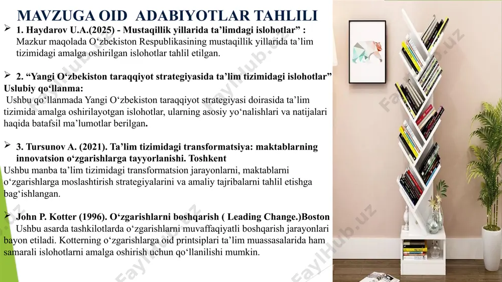 ar va raqamli vositalardan foydalanish bo‘yicha muntazam treninglar, seminarlar va kurslar tashkil etilmoqda. latviya ta’lim tizimida maktablarni o'zgarishlarga tayyorlash bo'yicha keng qamrovli islohotlarni amalga oshirmoqda. ushbu islohotlar raqamlashtirish, fan va texnologiyaga oid ta’lim, hamda maktablar infratuzilmasini modernizatsiya qilishni o’z ichiga oladi. bugungi kunda zamonaviy elektron darsliklar va internetdan olinayotgan ma’lumotlardan unumli foydalanish maqsadida, o‘qituvchilar hamda o‘quvchilarning mediya-savodxonligini oshirish zarur. 3 o‘zbekiston maktablarida birinchi sinfdan boshlab ingliz tili darslari o‘tiladi. darslar o‘yin sifatida o‘tilib, o‘quvchilar chet tilini o‘rganishga qiziqishini oshirishga e’tibor qaratilgan. irlandiya maktablarida so‘nggi yillarda ta’lim tizimini zamonaviylashtirish va o‘quvchilarning ehtiyojlariga moslashtirish maqsadida keng qamrovli islohotlar amalga oshirilmoqda. boshlang‘ich ta’limdagi asosiy o‘zgarishlar: chet tillarni o‘rganish 2025-yildan boshlab, 3-sinfdan yuqoridagi o‘quvchilar haftasiga 1 soat fransuz yoki nemis tillarini o‘rganishni boshlaydilar. xorijiy davlatlardan nafaqat tajribali o‘qituvchilar balki chet ellik o‘quvchilarimiz tengdoshlarini tajriba almashish uchun yurtimizga taklif etish amaliyotini yo‘lga qo‘yish kerak. mavzuning qiyosiy tahlil etilganligi xulosa xulosa qilib aytganda maktablarni o‘zgarishlarga tayyorlash, …