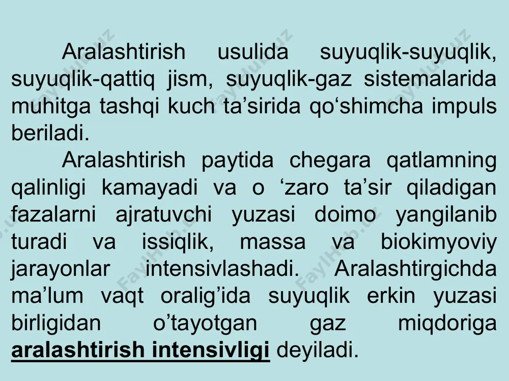 maqsadi; jarayonning asosiy kattaliklari (harorat, bosim); aralashadigan muhitning xossalari; apparatning ish unumdorligi. parrakli aralashtirgich bir yoki bir nechta parrakdan iborat bo'ladi (1- va 2 –rasmlar): 1– rasm. aralashtirgich turlari: a- parrakli; b- propellerli; v- turbinali. 2-rasm. parrakli aralashtirgichning turlari: a - ramali; b - yakorli; v - yaproqsimon. bir parrakli oddiy aralashtirgichlar qovushqoqligi kichik bo'lgan suyuqliklarni aralashtirish uchun ishlatiladi. qovushqoqligi katta bo'lgan suyuqliklarni aralashtirish uchun ko'p parrakli va maxsus tayyorlangan aralashtirgichlardan foydalaniladi. cho'kma ajratuvchi sistemalarni aralashtirish uchun yakorli aralashtirgichlar ishlatiladi. parrakli aralashtirgichlar minutiga martagacha aylanishi mumkin. propellerli aralashtirgichning asosiy ish organi o'qqa urnatilgan propeller (yoki vint) dan iborat (3- rasm). o'q gorizontal, vertikal yoki qiya o'rnatilgan bo'lishi mumkin. 3-rasm. propellerli aralashtirgich. vintlar ikki yoki uch qanotli bo'ladi. qanotlar suyuqlikda xuddi vint kabi harakat qiladi. propellerli aralashtirgichlar harakatchan va qovushqoqligi bir oz katta bo'lgan suyuqliklarni aralashtirish uchun ishlatiladi. vintli aralashtirgich quyidagi kattaliklarga ega: vint qiya joylashtirilsa, aralashtirgichning samaradorligi ortadi. turbinali aralashtirgichning …