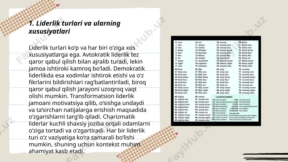 $1,200 ni tashkil etgan. to'g'ri boshqarilmagan konfliktlar esa 22% xodimlarning ish joyini tark etishiga sabab bo'ladi. konflikt boshqaruvi treninglarida ishtirok etish, turli hamkorlik va o'zaro anglashuv usullarini kuchaytiradi. ... t.me/slaydai_bot samarali kommunikatsiya vaqt, joy va mavzuga mos ravishda aniq va tushunarli suhbat olib borishni talab qiladi. bu jarayonda tinglovchining ehtiyojlari va his-tuyg'ularini inobatga olish muhimdir. statistika ko'rsatishicha, samarali kommunikatsiya orqali tashkilotlarda 25% gacha samaradorlik oshishi mumkin. tadqiqotlarga ko'ra, kommunikatsiyaning 70% i tinglash, 23% i gapirish va 7% i yozish va o'qishni tashkil etadi. samarali kommunikatsiya uchun tinglash ko'nikmalari juda muhim bo'lib, natijalarni 4 marta yaxshilashi mumkin. samimiy va ochiq muloqot esa ishonchni 33% gacha oshiradi. ... t.me/slaydai_bot 7. qaror qabul qilish jarayonlari qaror qabul qilish jarayoni maqsadga erishishda asosiy element hisoblanadi. bu jarayon bir necha bosqichlardan iborat: muammoni aniqlash, ma'lumot to'plash, imkoniyatlarni tahlil qilish, tanlov qilish va natijalarni baholash. statistika ko'rsatishicha, strategik qarorlarning 60 foizi keng jamoat fikriga asoslangan. tadqiqotlar …