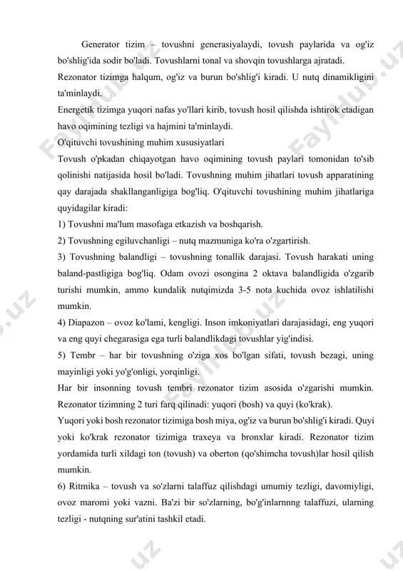 (ko'krak). yuqori yoki bosh rezonator tizimiga bosh miya, og'iz va burun bo'shlig'i kiradi. quyi yoki ko'krak rezonator tizimiga traxeya va bronxlar kiradi. rezonator tizim yordamida turli xildagi ton (tovush) va oberton (qo'shimcha tovush)lar hosil qilish mumkin. 6) ritmika – tovush va so'zlarni talaffuz qilishdagi umumiy tezligi, davomiyligi, ovoz maromi yoki vazni. ba'zi bir so'zlarning, bo'g'inlarnnng talaffuzi, ularning tezligi - nutqning sur'atini tashkil etadi. 7) temporitm - so'zlar orasidagi tanaffuslardir. 8) nutq tezligi o'qituvchining shaxsiy sifatlari, nutq mazmuni, muloqot qilish vaziyatiga, har bir o'qituvchining fazilati nutq mazmuni va muomala vaziyatiga bog'liq. individual tarzda tashkil etiladigan maqsadli va aniq yo'naltirilgan mashqlar tovush tembriga ta'sir etadi, tovushdagi noo'rin qo'shimcha tovushlarni yo'qotishga yordam beradi. diksiya. diksiya – tovush va so'zlarni aniq, tushunarli talaffuz qilish, ya'ni tovush hosil qilishda lab, til, jag', yumshoq va qattiq tanglay, tilcha, halqum, tovush paylari ishtirok etadi. agarda ulardan birortasining faoliyati buzilsa diksiya buziladi. diksiya-talaffuz tarzi, talaffuzni aniq ravshanligi darajasi. …