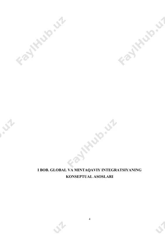 i xususiyatlar bilan tavsiflanib, ular umuman olganda integratsiyani mamlakatlar iqtisodiy hamkorligining boshqa shakllaridan farqlab turadi: — kelishuvning ishtirokchi-mamlakatlari o‘rtasida tovarlar shuningdek, xizmatlar, kapital lar, inson resurslarining harakat qilishidagi cheklovlaming bar- taraf qilinishi; milimkdii mamlakatlar iqtisodiy siyosatining kelishilishi; milliy ishlab chiqarish jarayonlarining o‘zaro singishi va qo'shilishi, mintaqa doirasida ishlab chiqarish jarayonidagi texnologik yaxlitlikning shakllanishi; — yanada progressiv va chuqur shakllar asosida ishlab chiqarish, fan va texnikada xalqaro ixtisoslashuv va kooperatsiya- ning keng rivojlanishi, iqtisodiy taraqqiyot va uning innovatsion mexanizmining hamkorlikda moliyalashtirilishi; — ishtirokchi-mamlakatlar iqtisodiyotidagi tuzilmaviy o‘zgarishlar; — milliy qonun hujjatlari, me'yorlar va stand artlarning yaqinlashishi; — birlashish jarayonining maqsadli tartibga solinishi, o‘zaro iqtisodiy hamkorlikni boshqarish organlarining rivojlanishi (yelda bo‘lgani kabi boshqaruvning ham davlatlararo, ham davlat mexanizmlari); — integratsiyaning makon miqyoslarini mintaqaviylashuvi. integratsiyaning obyektiv mazmuni oxir-oqibatda qisman integratsiya ko‘rinishida sodir bo‘ladigan takror ishlab chiqarish jarayonlarining qo'shilishi, o‘zaro singishi va birlashishini tashkil etadi. integratsiyalashuv jarayoni yaxlit ti/mining ayrim bo‘g‘inlarini i>‘z ichiga oladi: 1) …