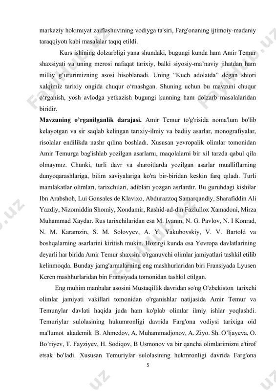 amir temur shaxsi, saltanatning siyosiy, ijtimoiy-iqtisodiy, madaniy hayotiga turlicha baho berilgan. har bir xalqning tarixida o‘zining buyuk siymolari, davlat arboblari, sarkardalari va ma’naviy yetakchilari bo‘ladi. o‘zbek xalqining tarixida bunday ulug‘ siymolardan biri shubhasiz amir temurdir. u nafaqat o‘z davrida, balki keyingi asrlarda ham sharq va g‘arb tarixida chuqur iz qoldirgan buyuk sarkarda, donishmand davlat arbobi va ma’naviy meros egasidir. amir temur asos solgan temuriylar davri esa markaziy osiyo tarixida siyosiy, madaniy, ilmiy va iqtisodiy yuksalish davri sifatida tarixda alohida o‘rin tutadi. xiv–xv asrlar – o‘rta asrlar davlatchilik tarixida muhim o‘zgarishlar ro‘y bergan, yangi davlatlar tashkil topgan, yirik harbiy yurishlar va madaniy yuksalishlar davri bo‘lgan. ana shu jarayonlarning markazida amir temur shaxsi turadi. u parchalanib ketgan hududlarni yagona kuchli markazlashgan davlatga birlashtirib, tartib-intizom, qonuniylik, ichki barqarorlikni tiklashga erishgan. aynan uning rahnamoligida temuriylar sulolasi hukmronligi o‘rnatilib, bu davr ilm-fan, adabiyot, san’at va me’morchilik taraqqiy etgan davr sifatida tarixga kirdi. mazkur kurs ishida …