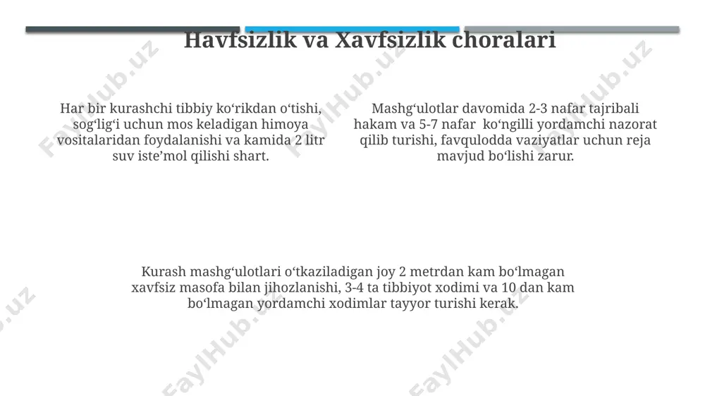 ik kengashlarda ishtirok etishi shartlari ko'rsatilishi kerak. murabbiylarni tanlashda kamida 3-5 yillik tajribaga ega, kurash bo'yicha 1-toifa yoki undan yuqori sport darajasiga ega mutaxassislarni afzal ko'rish tavsiya etiladi. trenerlar soni qatnashchilar soniga va guruh hajmining optimal darajasiga (masalan, 1 murabbiy 10-15 nafar sportchi uchun) bog'liq holda aniqlanadi. kerakli jihozlar va inventarlar to'liq birinchi yordam cho'ntagi, 2-3 ta suv idishi, sportchilar uchun kamida 50 ta ichimlik suvi va jarohatlarni davolash uchun zarur bo'lgan tibbiy vositalar ta'minlanishi lozim. kurash gilamchasining o'lchamlari xalqaro standartlarga (masalan, 12x12 metr) mos kelishi va yumshoq, jarohatlarni oldini oluvchi materialdan tayyorlanganligi muhim. kamida 2 ta to'liq kurash to'plami (kumush va oltin rangdagi kamarlar bilan), 10 tadan ortiq zaxira kamar va 3-4 ta hakamlar uchun stol va stullar kerak. e'tiboringiz uchun rahmat @taqdimot_robot image1.jpeg