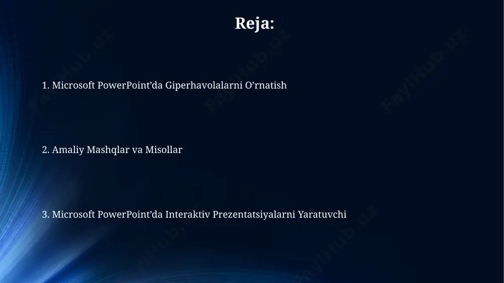 ishni ta'minlaydi. agar sizda 10 ta slayddan iborat taqdimot bo'lsa, har bir alohida bo'limning oxiriga "keyingi bo'limga" degan giperhavola qo'yib, 3-bo'limdan to'g'ridan-to'g'ri 7-bo'limga o'tish imkoniyatini yaratib, taqdimotni yanada interaktiv qilishingiz mumkin. powerpoint’dagi 5-slayddagi rasmga giperhavola qo'yib, uni 12-slaydga, ya'ni "xulosa" slaydiga bog'lash mumkin, bu esa ma'ruza oqimini tezlashtiradi va foydalanuvchilarga qulaylik yaratadi. giperhavolalarni tekshirish va ularning ishlashini ta'minlash agar giperhavolalar 2 kundan ortiq vaqt davomida ishlamasa, serverdagi muammolarni tekshirib ko'ring yoki "192.168.1.1" ip-manzilidagi router sozlamalarini qayta ko'rib chiqing. giperhavolalarni tekshirishda, 5 dan ortiq havola bo'lgan slaydlarda, avvalo, toshkent shahridagi ofisdagi hamkasblaringizdan yordam so'rashni tavsiya etamiz, chunki ular bu jarayonni yaxshi bilishadi. giperhavolaning to'g'ri ishlashini tekshirish uchun, kamida 3 turli brauzer (chrome, firefox, safari) orqali 10 martadan sinab ko'ring va natijalarni qayd eting. interaktiv elementlarni qo'shish: tugmalar va boshqaruv elementlari powerpoint’ning "developer" yorlig’ida 20 dan ortiq turdagi turli shakl va o'lchamdagi tugmalarni topishingiz mumkin, ularni interfaol elementlar sifatida ishlatib, foydalanuvchilarni 3-bobga …