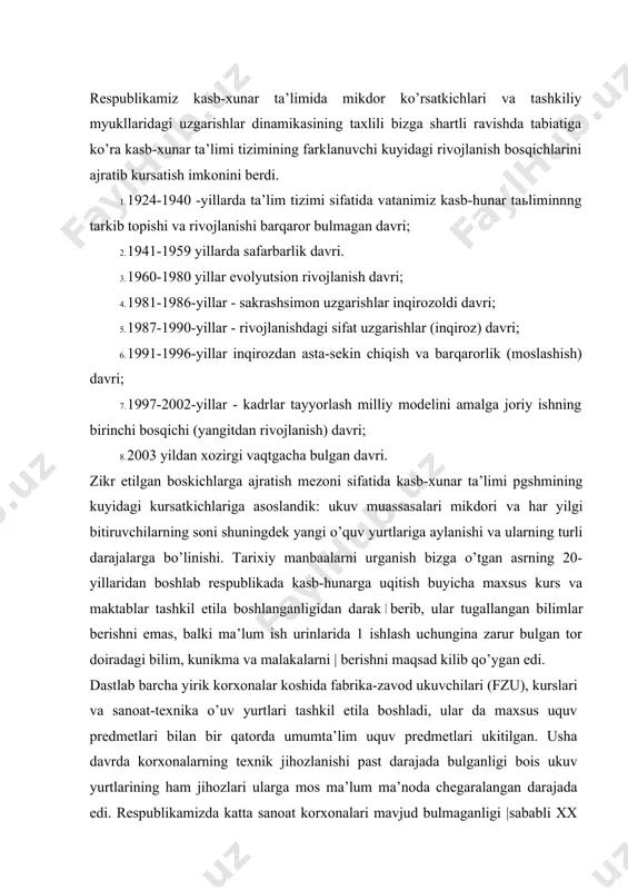 davrda korxonalarning texnik jihozlanishi past darajada bulganligi bois ukuv yurtlarining ham jihozlari ularga mos ma’lum ma’noda chegaralangan darajada edi. respublikamizda katta sanoat korxonalari mavjud bulmaganligi |sababli xx asrning 30- yillarigacha texnikumlar, zavod fabrika ukuv kurslari, hunar texnika maktablari, ukuv ishlab chiqarish ustaxonalari va turlicha hunar- texnika bilim yurtlari muntazam ko’paya bordi. lekin kasb -xunar ta’limiga ajratilgan davlat byudjetining mikdori yaxlit holda yetarli darajada bulmaganligi sababli uquvchilarni ovqatlantirish va kiyim-kechak bilan ta’minlash darajasi past edi. shuningdek, yotokxona masalasi ham asosiy muammolardan biri bulib, kasb-hunar ta’limi xodimlariga juda kam ish haqi tulanar edi. shu bois 1930-yillardan boshlab bunday uquv yurtlari tarmogi kamaya boshladi. 1938 yilga kelib 1932-1933 ukuv yiliga nisbatan ukuv yurtlari va ularda uqiydigan uquvchilar soni 3 barobar kamaygan. 1930 yillarning oxiri 40-yillarning boshlarida respublikada sanoat korxonalari tashkil etila boshladi. tarixiy manbalar tahlili 1940 yilda uzbekistonda, 1445 ta yirik sanoat korxonalari mavjud bulganligi hakida guvoxlik beradi. bu sanoat korxonalarida zamonaviy texnika …