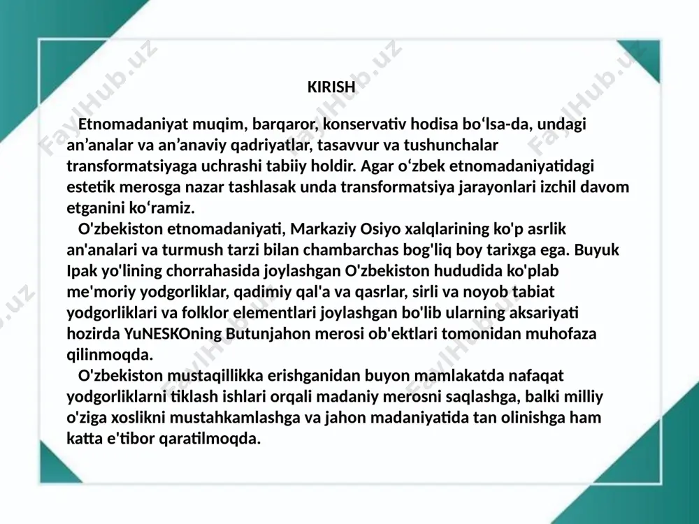 lim-tarbiyani takomillashtirishishiga safarbar etadi. etnomadaniyat va unga yaqin bo'lgan yo'nalishlarning alohida fan sifatida o'rganilishi ham bejiz emas. biror xalqning kelib chiqishi, uning madaniyati, turmush tarzi, ma'naviy-ma'rifiy xususiyatlarini tarixiy jarayon(davr)larda ravnaq topib, hozirgi kunimizgacha rivojlanib kelayotgan ma'naviy hamda madaniy merosini o'rganishi ham bu fanning naqadar muhim ahamiyat kasb etishini ko'rsatib beradi. umuman olganda, har bir xalq, har bir jamiyat, har bir inson hozirgi kungachalik bo'lgan tarixini: xoh u ilmiy, diniy, dunyoviy tarixi bo'lsin bilishi zarur. "yuksak ma'naviyatli, zamonaviy bilim va kasb-hunarlarga, o'z mustaqil fikriga ega bo'lgan yoshlarni milliy va umuminsoniy qadriyatlar ruhida tarbiyalash biz uchun eng muhim masalalardan biridir" degan edi mustaqil o'zbekiston respublikasi prezidenti sh.m. mirziyoyev. darhaqiqat, bashariyat o'z aqlini tanigan, ruh va vujudning farqini, hayot ma'nosini, ezgulikning mohiyatini anglaganidan buyon ma'naviyat unga doim hamrohdir. inson ma'naviyat orqali tarixini, bugunini, kelajagini tasavvur qilish, baholash, shu tariqa zarur saboq va xulosalar chiqarish imkoniga ega. o‘zbekistonda azaldan noyob iste’dodli odamlar yashab, xalq …