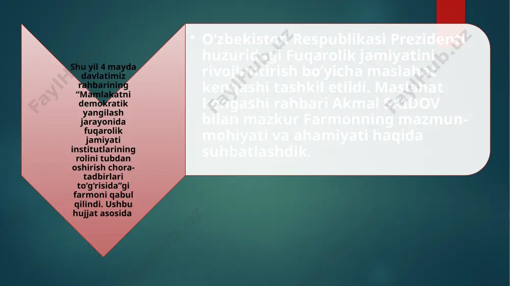 qo‘yilgan. ya’ni: “o‘zbekiston respublikasi fuqarolari kasaba uyushmalariga, siyosiy partiyalarga va boshqa jamoat birlashmalariga uyushish, ommaviy harakatlarda ishtirok etish huquqiga egadirlar”. konstitutsiyamizning uchinchi bo‘limidagi xiii bob “jamoat birlashmalari” deb nomlanadi. mazkur bobdagi moddalar fuqarolik jamiyatining an’analarini tiklash, jamoat birlashmalari maqomini huquqiy tarzda rasmiylashtirish, ularning real va barqaror rivojlanishini ta’minlashga qaratilgan konstitutsiyaviy qoidalardan tashkil topgan. eng muhimi, konstitutsiyamizda fuqarolik jamiyati institutlarini tashkil etish va ular faoliyatining huquqiy asoslari e’tirof etilgan, ularning davlat bilan o‘zaro hamkorligi tamoyillari belgilangan. ana shu konstitutsiyaviy normalarni amalda qo‘llash maqsadida “jamoat birlashmalari to‘g‘risida”, “kasaba uyushmalari, ularning huquqlari va faoliyatining kafolatlari to‘g‘risida”, “siyosiy partiyalar to‘g‘risida”, yangi tahrirdagi “vijdon erkinligi va diniy tashkilotlar to‘g‘risida”, “nodavlat notijorat tashkilotlari to‘g‘risida”, “jamoat fondlari to‘g‘risida”, “siyosiy partiyalarni moliyalashtirish to‘g‘risida”, “nodavlat notijorat tashkilotlari faoliyatining kafolatlari to‘g‘risida”, “homiylik to‘g‘risida”, yangi tahrirda “fuqarolarning o‘zini o‘zi boshqarish organlari to‘g‘risida” va “fuqarolar yig‘ini raisi (oqsoqoli) va uning maslahatchilari saylovi to‘g‘risida”, shuningdek, “ekologik nazorat to‘g‘risida”, “vasiylik va homiylik to‘g‘risida”, “ijtimoiy …