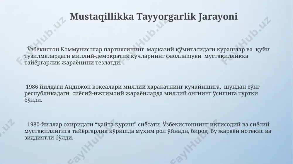 olib keldi, bu esa o'zbekistonlik siyosiy muxolifatning repressiya darajasini ko'rsatadi. "adolat" va "erk" kabi millatchi partiyalar, 1988-1991 yillar oralig'ida, toshkent va samarqand kabi yirik shaharlarda ommaviy namoyishlar uyushtirish orqali, o'z ta'sirini sezilarli darajada oshirishga harakat qilishdi. mustaqillik arafasidagi oʻzbekistonning ijtimoiy-siyosiy vaziyati uzbekistan kommunistik partiyasi ichida, ayniqsa 1980-yillar oxirida, gorbachyovning “perestroyka” va “glasnost” siyosatlari ta'siri ostida, hokimiyat uchun kurash kuchaygan va bu siyosiy boʻlinishlarga olib kelgan. 1990-yilgi oʻzbekiston oliy sovetining sessiyasida, 200 dan ortiq deputat mustaqillik deklaratsiyasini qoʻllab-quvvatladi, bu esa mustaqillikka olib boradigan jarayonning muhim bosqichi boʻldi. 1980-yillarning oxirida oʻzbekistonda paxta yetishtirishga qaratilgan majburiy mehnat tizimi, ayniqsa qoraqalpogʻiston va andijon viloyatlarida keng tarqalgan boʻlib, ijtimoiy noroziliklarning asosiy sabablaridan biri edi. e'tiboringiz uchun rahmat @taqdimot_robot image4.png image3.jpeg