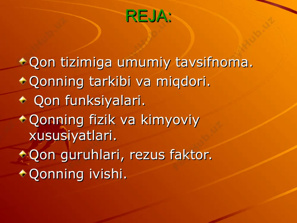 niki 1,025 – 1,034, eritrositlarniki 1,090 bo’ladi. suvning yopishqoqligi 1, qonning yopishqoqligi 5, plazmaniki 1,7 – 2,2 ga teng.