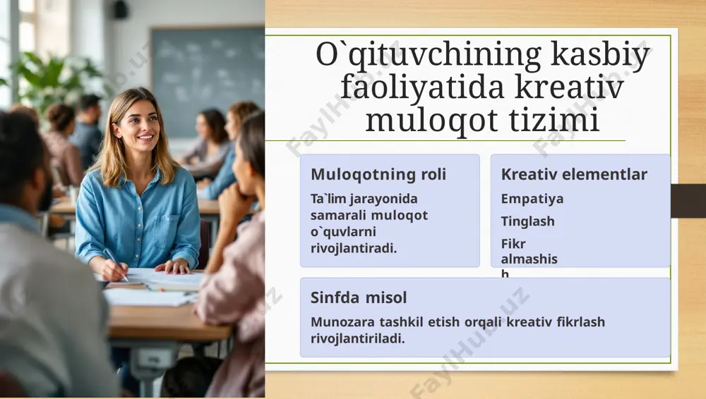 ga ega bo`lgan o`qituvchi har bir holatga bir necha tomondan yondashadi. u muammoni faqat emas, balki imkoniyatni ham ko`ra oladi. bunday o`qituvchi o8quvchilarga mustaqil fikrlashni o8rgatadi. hayotiy misol: bir o`quvchi darsda xatoga yo`l qo`ydi. o`qituvchi esa "bu noto`g`ri", deb aytish o`rniga, "bu fikringni qanday dalillaysan? yana qanday variant bo`lishi mumkin?" deb savol beradi. shu orqali u tanqidiy fikrlashga o`rgatadi. hayotiy misollar muvaffaqiyat hikoyalari maktab amaliyotidan samarali muloqot namunalar. kreativ yutuqlar o`qituvchilarning ijodiy muloqot orqali erishgan yutuqlari. muloqot namunalari anvar narzullayevning "ustozlar haqida" kitobidagi lavhalar. o‘qituvchining ijodiy muloqotini rivojlantirishning samarali usuli — o‘z nutqini, intonatsiyasini va savol-javob uslubini doimiy rivojlantirish pedagogik muloqotga salbiy ta’sir ko‘rsatadi monoton bu nutq yoki suhbatning ohangsiz, bir xil ohangda davom etishidir. bu turdagi muloqot tinglovchini zeriktiradi, chunki unda hissiyot, urg‘u yoki ohang o‘zgarishi yo‘q. masalan, o‘qituvchining darsni h biryoqlama muloqot bu faqat bir tomonlama olib boriladigan muloqot bo‘lib, bunda faqat bitta tomon gapiradi, ikkinchi tomon esa …