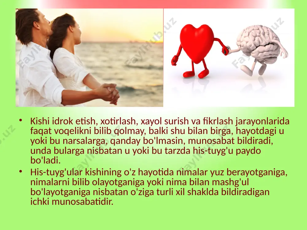 anda biz go‘zallikni idrok qilish, go‘zallikdan zavqlanish va go‘zallik yaratishga intilishni tushunamiz. praksik hislar. inson amaliy hayotining istalgan sohasida mehnat faoliyati bilan bog’liq hislarimiz agar kishi hayajonlangan, kuchaytirilgan bo`lsa (masalan imtihon oldida turgan talaba) yoki alohida ko`tarinkilikni (ijodiy ish davrida) his qilsa, uning tuyg`ulari stenik bo`ladi. ular kishining kuch va g`ayratini oshiradi. aksincha kishining holati noaniq bo`lsa, his-tuyg`ulari ham sust o`tib boradi. aksincha, his-tuyg`ularning passivligi shunda ifodalanadiki, ular astenik (bushashtiruvchi) tuyg`ularga aylanib, ishchanlikni, g`ayratni pasaytiradi. astenik tuyg`ular qayg`u xasrat, umidsizlik, loqaydlik va hokazolardir. emosiyalar - fiziologik aks ettirish chegarasida turuvchi va odamga o`z ehtiyojlari bilan bog`liq qo`zg`atuvchilar ta`sir qilganda o`z-o`zini boshqarishni amalga oshiruvchi psixik aks ettirishning sodda shaklidir. emosiyalar real dunyoni predmet hamda hodisalarni emas, balki ob`yektiv munosabatlarini aks ettiradi, unda mazkur predmet hamda hodisalar inson ehtiyoji uchun organizm xizmatida bo`ladilar. 7 emosiyalar ko`pincha kishining xulq-atvoriga alohida bir hissiy ohang bag’ishlaydi, ma`lum darajada davom etadigan ancha mustahkam kechinmalarni vujudga keltiradi. …
