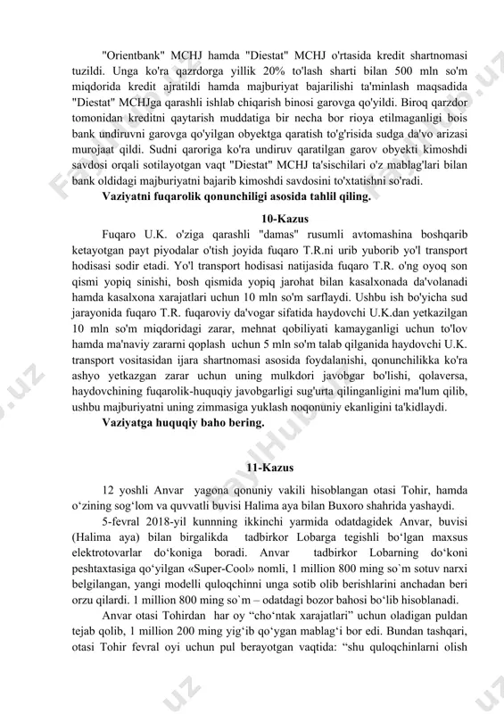 lari mavjud emasligini ma'lum qilib, qarzni to'lashdan bosh tortadi. vaziyatga huquqiy baho bering. 8-kazus 2021 yilning yanvar oyida "uzmotors" mchj dilerlik firmasi hamda fuqaro t.o. o'rtasida avtotransport vositasi oldi-sotdi shartnomasi tuziladi. shartnoma shartlariga ko'ra "uzmotors" mchj 2021 yilning sentyabr oyida sotib oluvchiga "spark" rusumli avtotransport vositasini yetkazib berish majburiyatini, fuqaro t.o. esa buning uchun 90 mln so'm to'lash majburiyatini zimmasiga oladi. shartnomani bajarish muddati kelib, "uzmotors" mchj yetkazib berish muddati yana 2 oyga uzaytirilganligi (2021 yilning dekabr oyiga) ma'lum qilganida, fuqaro t.o. yo'lovchi tashish faoliyati bilan shug'ullanish uchun litsenziya olganligi, shu boisdan sotuvchi majburiyatini bajarishni kechiktirsa, yo'lovchi tashish faoliyatidan olishi mumkin bo'lgan ikki oylik daromadini, shuningdek majburiyat bajarilishi kechiktirib yuborilgan har bir kun uchun tovar bahosining 0.5 % miqdorida, 64 kun uchun jami 28.800.000 miqdorida penya to'lashi kerakligini ma'lum qiladi. bunga javoban "uzmotors" mchj shartnoma shartlariga ko'ra, avvalo, majburiyat bajarilmaganida u to'laydigan penya miqdori tovar bahosining 5%idan oshib ketmasligi nazarda …