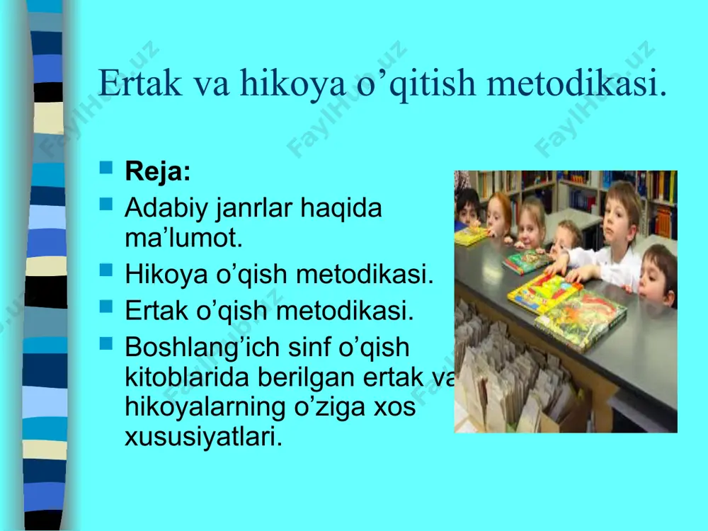 metodikasi hikoyani o’qish darsida o’quvchilar ma’nosini tushunmaydigan so’z va iboralar ma’nosini tushuntirish ham muhim, aks holda, ular hikoya mazmunini tushuna olmaydilar. so’z ma’nosini tushuntirishga ko’p vaqt sarflamay, asar mazmunini tushunishda eng zarur bo’lgan so’zni qisqa izoh berish bilan tushuntiriladi.(“o’quvchilar nutqini o’stirish metodikasi” bo’limiga qarang). hikoyani o’qishda hikoya mazmunini tahlil qilish va shu asosda o’quvchilar nutqini o’stirish markaziy o’rin egallaydi. hikoya o’qilgach, o’quvchilar o’ylashi, o’z mulohazalarini aytishi uchun tayyorlanishga vaqt berish talab etiladi. o’qilgan asar yuzasidan beriladigan dastlabki savollardan maqsad hikoya bolalarga yoqqan-yoqmagani, undagi qaysi qaxramonning xarakteri bolaga ta’sir etgani, bolalar kim yoki nima haqida hikoya qilib berishni istashini bilishdan iborat. shundan keyingina hikoya xarakterini tushunishga, nihoyat, asarning asosiy g’oyasini bilib olishga yordam beradigan savollardan foydalaniladi. badiiy asarni tahlil qilish badiiy asarni tahlil qilishda syujetni to’liq tushuntirishga berilib ketib, qatnashuvchilarga xarakteristika, asar qurilishi va tilini tahlil qilish kabi ish turlari e’tibordan chetda qolmasligi lozim. savollarni, odatda, o’qituvchi beradi, ammo asar mazmuni, …