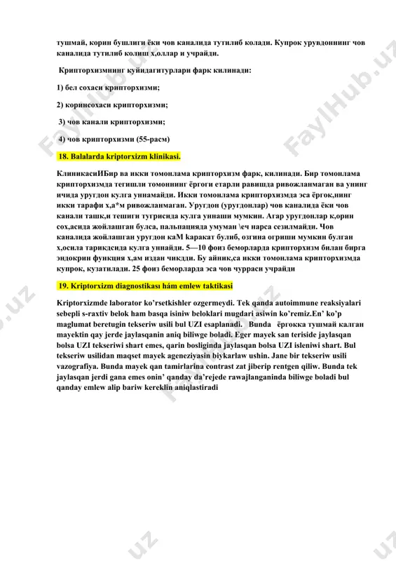 adi bul qanday emlew alip bariw kereklin aniqlastiradi 20. varikosele klinikasi hám diagnostikası барикоцеле. ypyf тизимчаси вена томирларининг кенгайиши варикоцеле деб аталади. этиопатогенези. хасталик ривожланишида уругдон веналарида босимнинг кутарилиши хамда томирлар тонусининг пасайиши катта ахамиятга эга клиникаси. ривожланиш даражасига боьтик. бошланиш даврида шикоятлар булмайди. касаллик ривожланган сари урувдон, ypyf тизимчаси, чот ораси ва чов канали томонларида огрик пайдо булади. ёргокдаги огрик юк кутарганда кучаяди. караб курганда ёргок териси ва уругдон купрок осилганлиги, тери остидаги ypyf тизимчаси веналари тугунлашганлиги ва кенгайганлиги аникланади. пайпаслаганда ypyf найчаси ва унинг вена томири калинлашган, чувалчангсимон ва хамирсимон куринишда булади. айрим беморларда варикоцеле томонида гидроцеленинг бошланиш белгилари хам кузатилиб, чов каналининг ташки тешиги бирмунча кенгайган булади. varikosel tekseriw usillari: kesellikdi erte aniqlaw ballarda mektepke shekemgi mektep ham o’spirimlik dawirinde med profilaktik tekseriw waqtinda aniqlanadi. kop waqitta nawqasda kesellikdin klinik belgileri payda bolgannan keyin aniqlanadi. anamnez, ko’rik, palpatsya va eng kam 2ta spermogramma (ikkalasini orasi 7kun va …