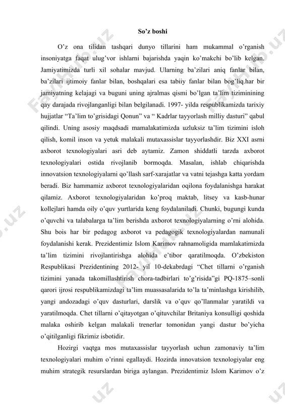 im berishda axborot texnologiyalarning o’rni alohida. shu bois har bir pedagog axborot va pedagogik texnologiyalardan namunali foydalanishi kerak. prezidentimiz islom karimov rahnamoligida mamlakatimizda ta’lim tizimini rivojlantirishga alohida e’tibor qaratilmoqda. o’zbekiston respublikasi prezidentining 2012- yil 10-dekabrdagi “chet tillarni o’rganish tizimini yanada takomillashtirish chora-tadbirlari to’g’risida”gi pq-1875–sonli qarori ijrosi respublikamizdagi ta’lim muassasalarida to’la ta’minlashga kirishilib, yangi andozadagi o’quv dasturlari, darslik va o’quv qo’llanmalar yaratildi va yaratilmoqda. chet tillarni o’qitayotgan o’qituvchilar britaniya konsulligi qoshida malaka oshirib kelgan malakali trenerlar tomonidan yangi dastur bo’yicha o’qitilganligi fikrimiz isbotidir. hozirgi vaqtga mos mutaxassislar tayyorlash uchun zamonaviy ta’lim texnologiyalari muhim o’rinni egallaydi. hozirda innovatsion texnologiyalar eng muhim strategik resurslardan biriga aylangan. prezidentimiz islom karimov o’z so’zlarida ingliz tiliga alohida to’xtalib, ingliz tilini maktab, akademik litsey va kasb- hunar kollejlarda hamda oily o’quv yurtlarida o’qitishning eskicha metodlaridan foydalanmay, aksincha, yangi innovatsion texnologiyalardan, ya’ni kompyuterlashtirilgan metodlardan foydalanishko’proq o’quvchi yoshlarga samarali bilim olishlari uchun foydali ekanligi ta’kidlab o’tiladi. bugungi kunda davlatimizda …