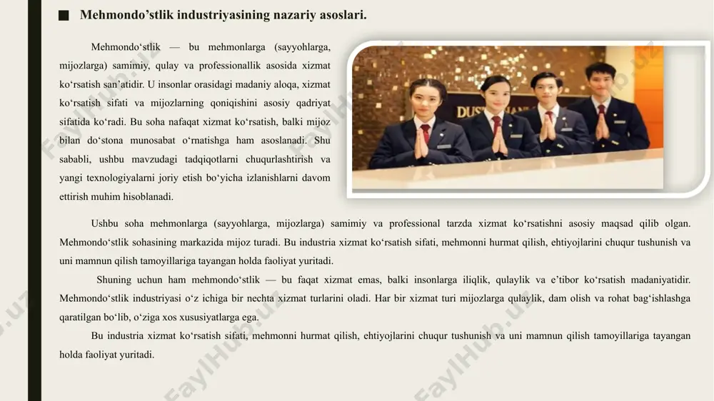 usiyatlari: yakuniy iste’molchi bilan ishlaydi – mahsulot oxirgi foydalanuvchiga sotiladi. mayda hajmda savdo qiladi – ulgurji emas, kichik miqdorda. chakana savdo tarmoqlari turli mezonlarga asoslangan holda bir necha turlarga ajratiladi: joylashuv shakliga ko‘ra: do‘kon orqali savdo: bu an’anaviy va eng ko‘p tarqalgan shakl bo‘lib, turli hajmdagi do‘konlar, butiklar, supermarketlar orqali mahsulotlar sotiladi. tashkiliy-huquqiy shakliga ko‘ra: mustaqil do‘konlar: yakka tartibdagi tadbirkorlar tomonidan boshqariladi. franshiza asosidagi savdo: yirik savdo brendlarining litsenziyasi asosida ochilgan filiallar. sotiladigan mahsulot turiga ko‘ra: oziq-ovqat mahsulotlari savdosi: non, sut, go‘sht, sabzavot va mevalar. sanoat mahsulotlari savdosi: kiyim-kechak, elektronika, mebel. geografik qamrovi bo‘yicha: viloyat va mintaqaviy savdo: bir yoki bir necha viloyatda ishlaydi. respublika miqyosidagi savdo: mamlakat bo‘ylab keng tarmoqqa ega. savdo aylanmasi, statistika diagramma,(yim) 2023-yilda oʻzbekiston yalpi ichki mahsulotida (yim) savdo, yashash va ovqatlanish xizmatlarining ulushi 7,2%ni tashkil etdi. o‘zbekistonda mehmondo‘stlik industriyasi keyingi yillarda izchil rivojlanmoqda. chakana savdo va mehmondo‘stlik integratsiyasining zamonaviy yo‘nalishlari bugungi kunda mehmondo‘stlik va chakana …